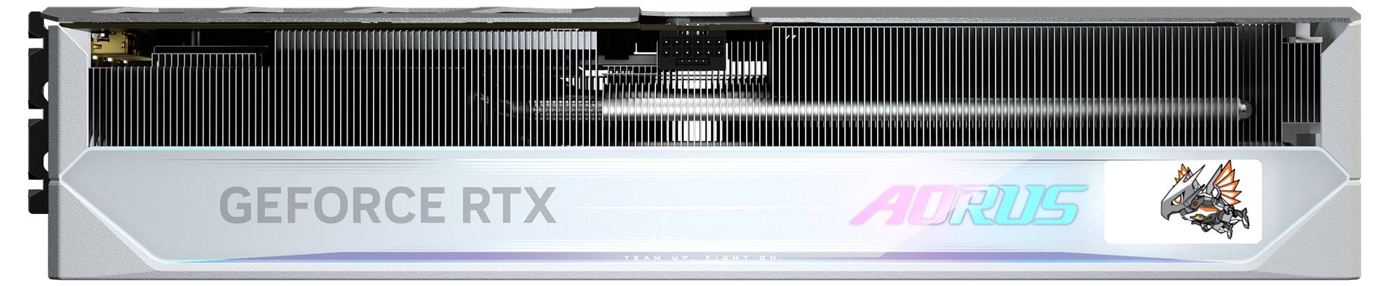 Grafická karta s nápisem 'GEFORCE RTX' a 'AORUS', stříbrný design a logo AORUS na pravé straně.