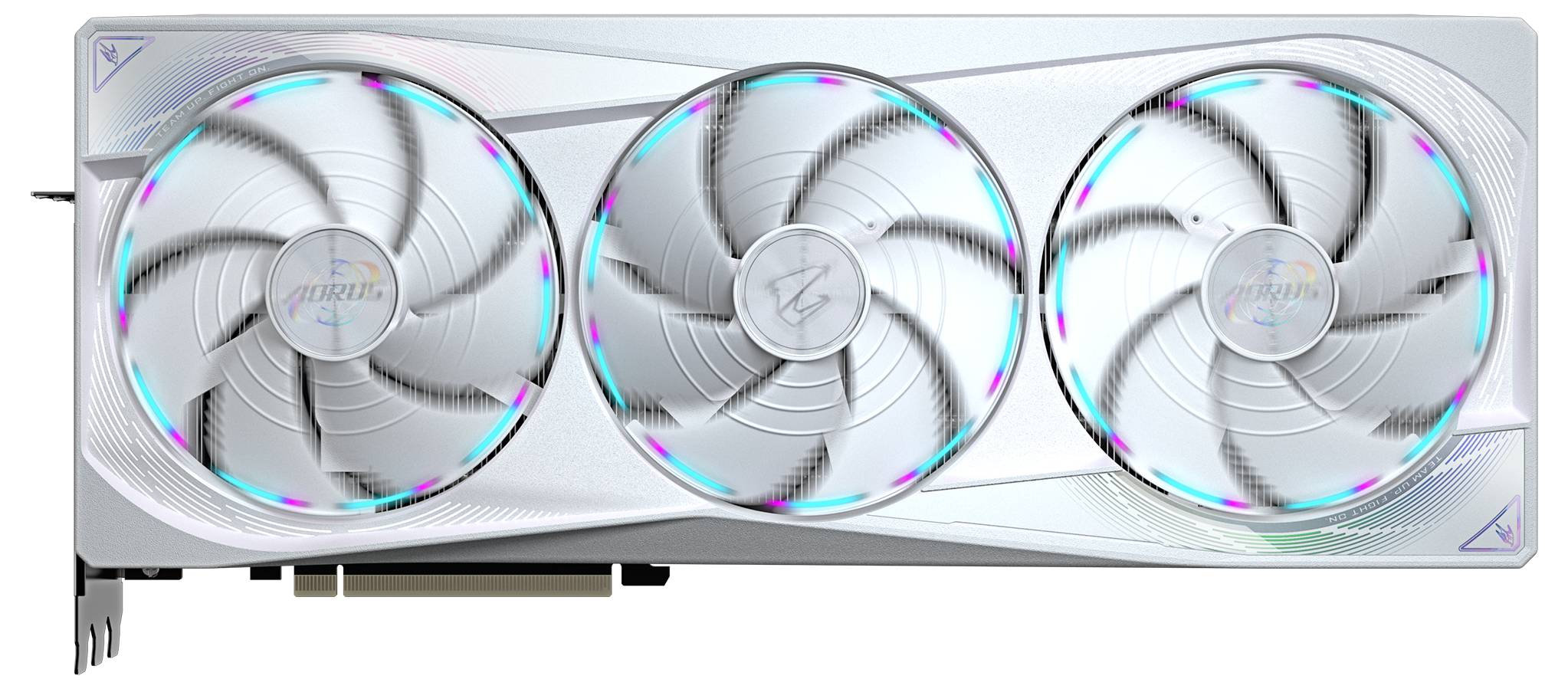 Bílá grafická karta s třemi velkými ventilátory a LED podsvícením. Zobrazuje logo 'ZOTAC Gaming' a má moderní design.