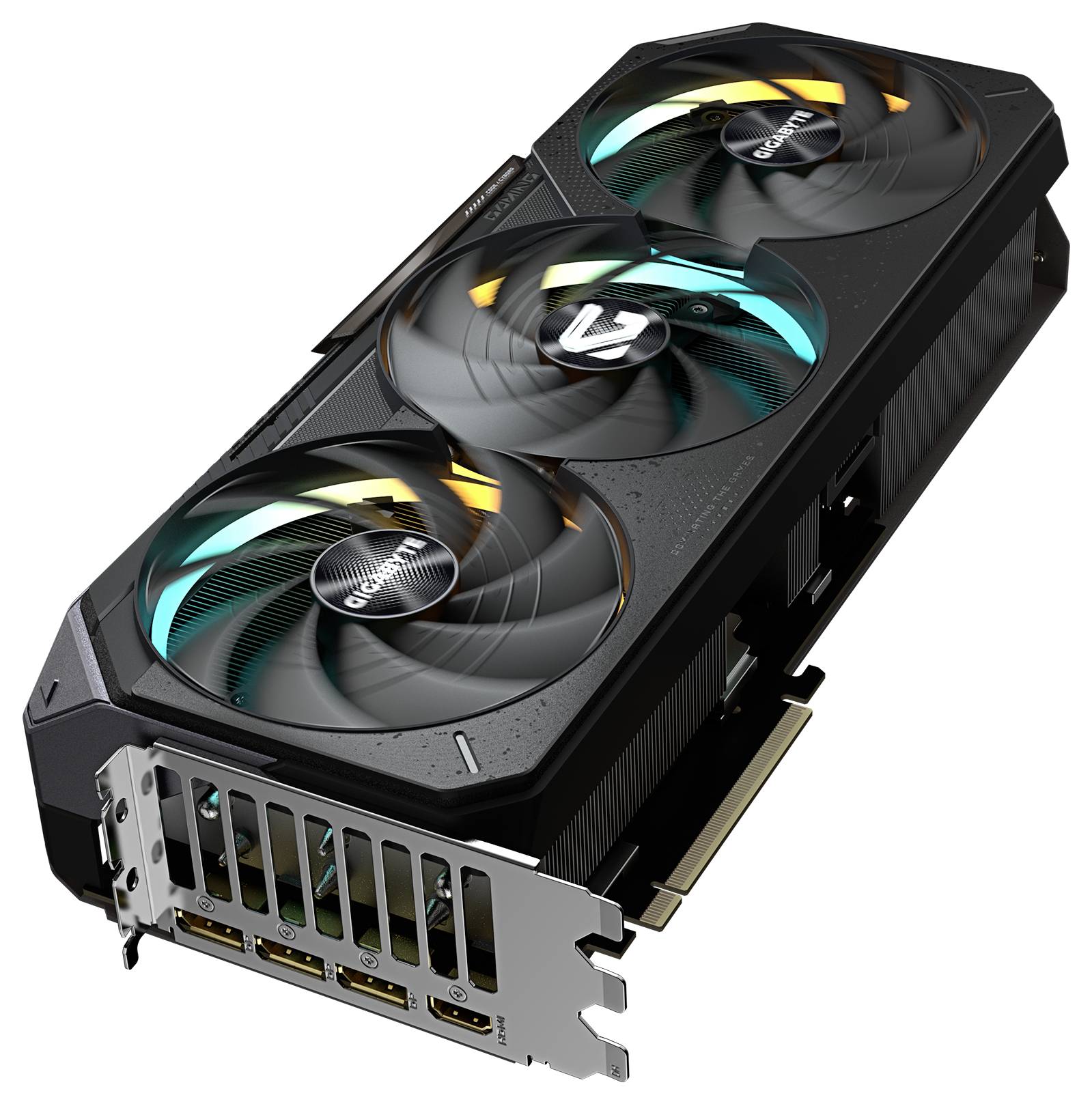 Grafická karta se třemi ventilátory v černo-stříbrném designu. Disponuje několika HDMI a DisplayPort vstupy na zadní straně.