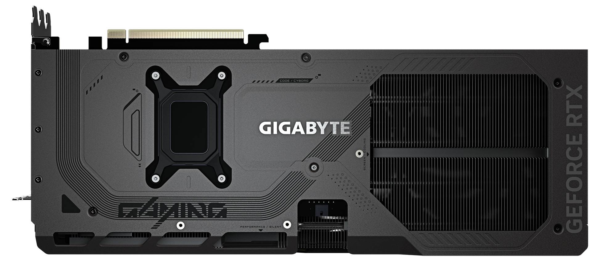 Zadní strana grafické karty značky Gigabyte s nápisem 'GIGABYTE' a 'GEFORCE RTX', zobrazující chladicí komponenty a konektory.