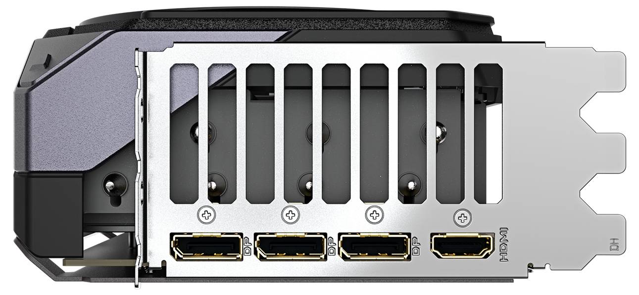 Zadní strana grafické karty se čtyřmi HDMI porty a velkou větrací mřížkou. Vhodné pro připojení k počítači.
