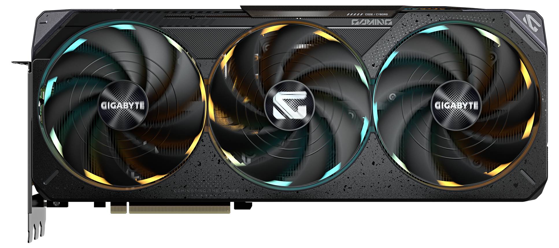 Grafická karta se třemi velkými ventilátory, osvětlená v různých barvách, název značky 'GIGABYTE' viditelný na ventilátorech.