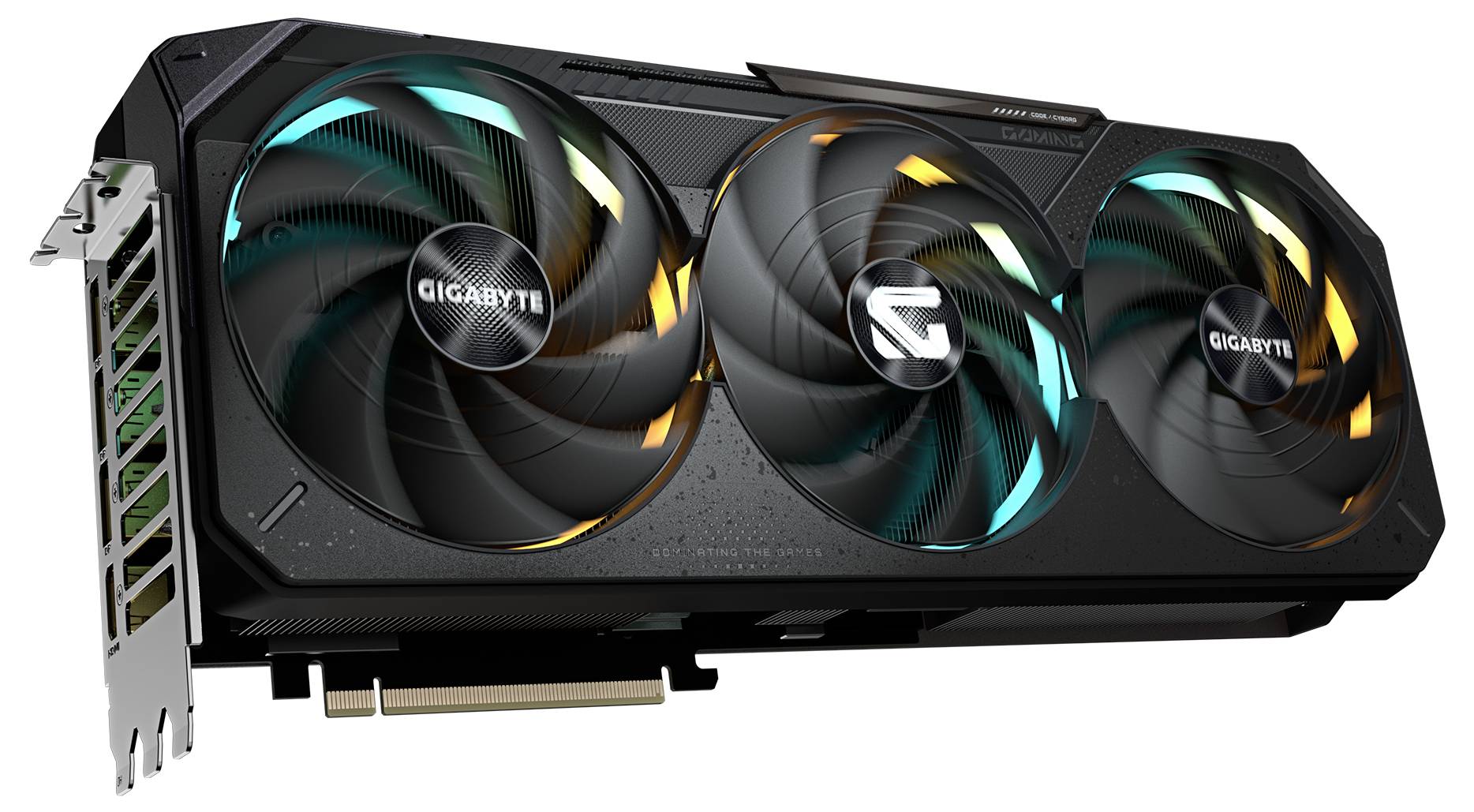 Grafická karta se třemi ventilátory a barevnými osvětlovacími efekty, značka 'GIGABYTE'. Vyvinuta pro výkonné počítačové aplikace.