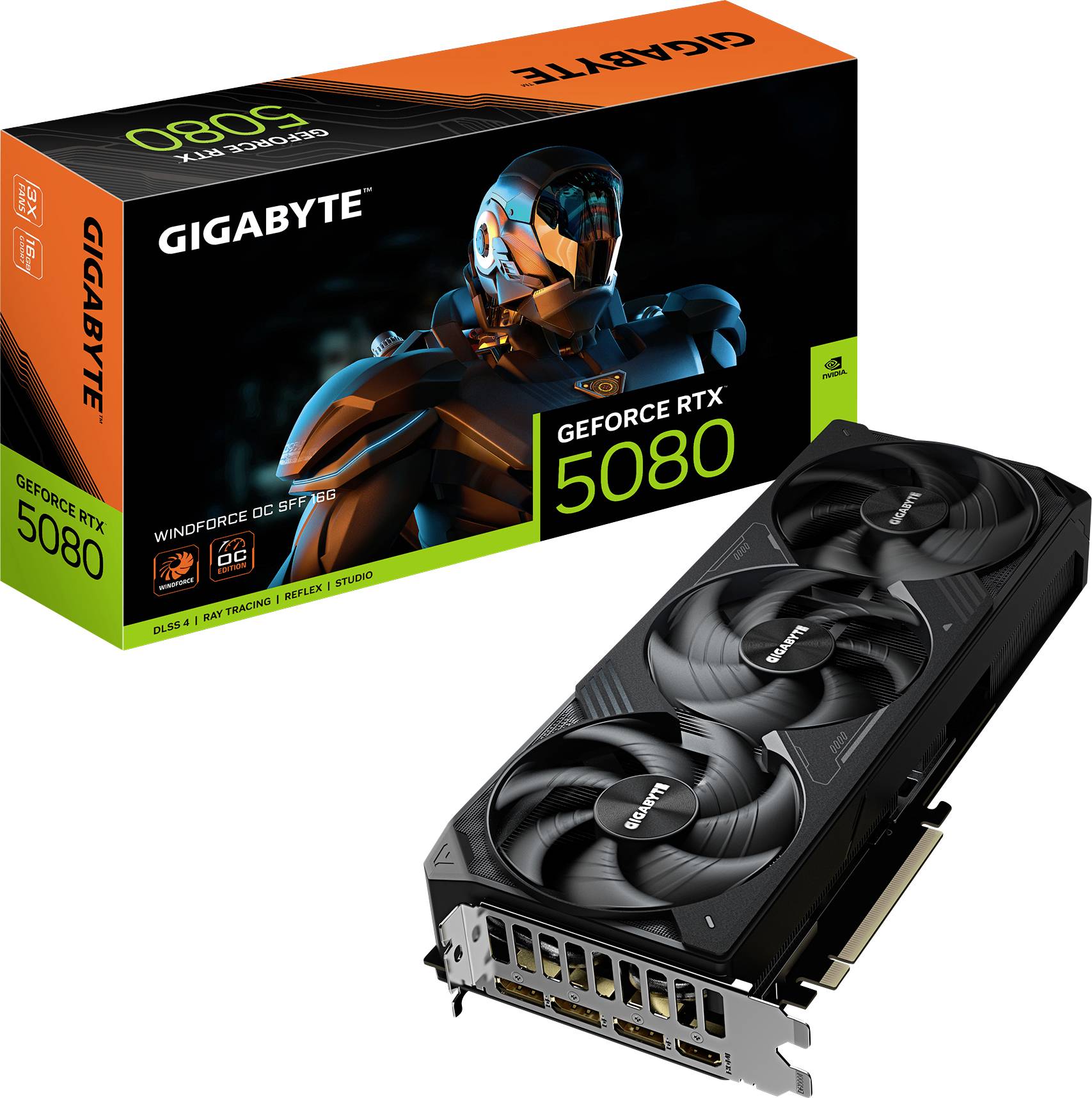 Gigabyte GeForce RTX 5080 grafická karta vedle své krabice. Krabice zobrazuje futuristickou helmu a model 'GeForce RTX 5080'.