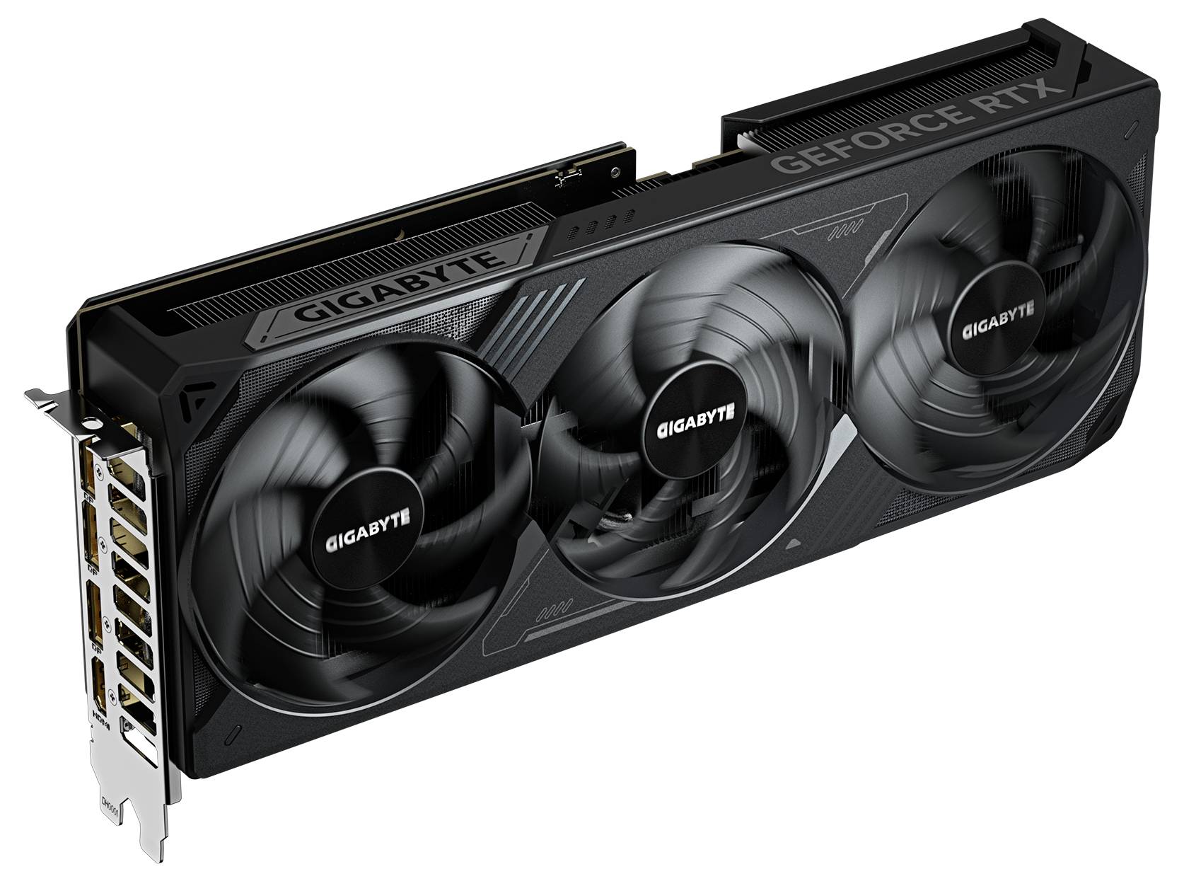 Grafická karta se třemi ventilátory s nápisem 'Gigabyte'. Podporuje technologii RTX od NVIDIA, vhodná pro hraní her a zpracování grafiky.