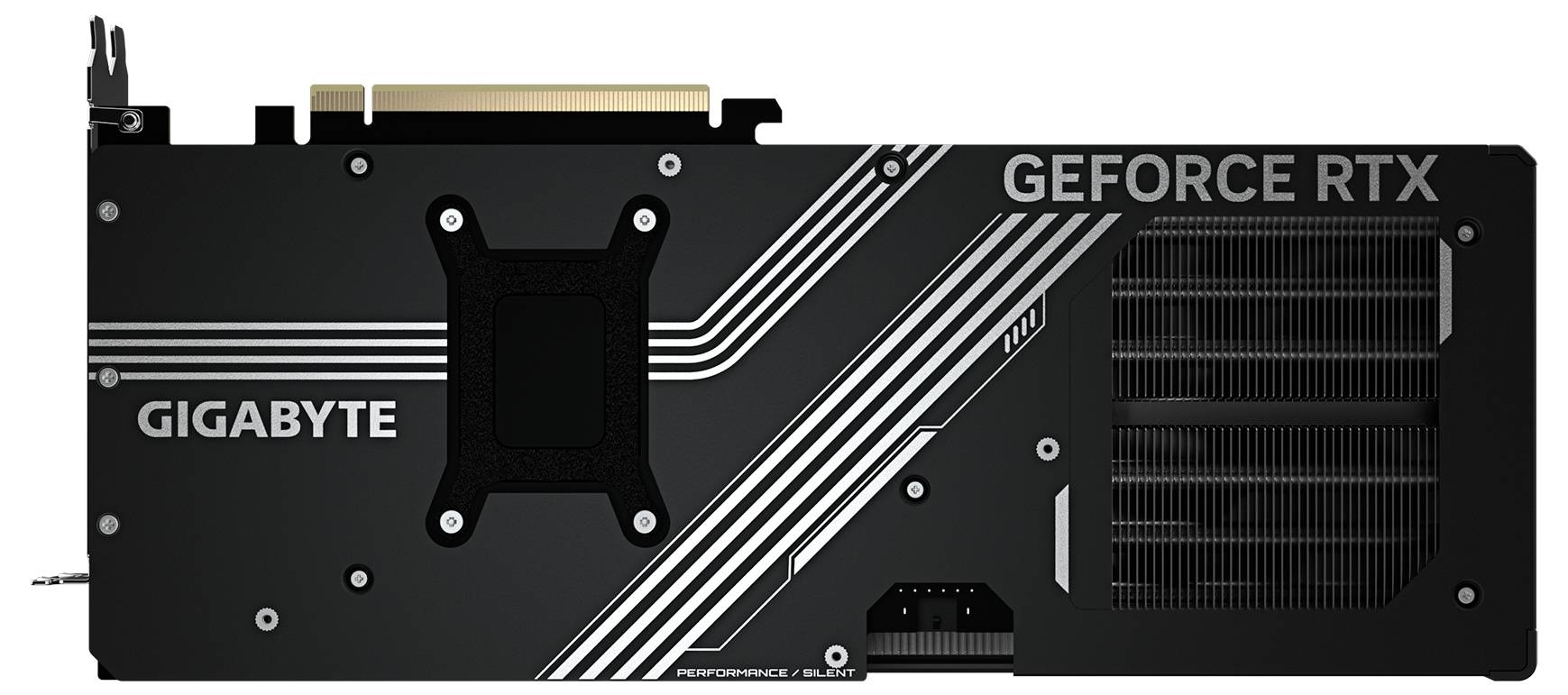 Grafická karta od Gigabyte, model GeForce RTX, černý kryt, kovové akcenty, chladicí žebra viditelná na pravé straně.