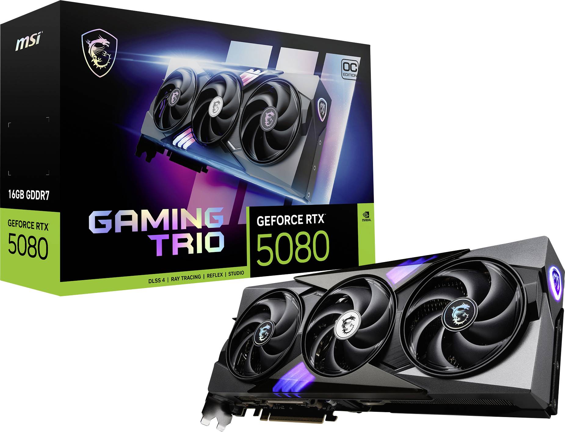 'MSI GeForce RTX 5080 Gaming Trio' obal grafické karty a samotná karta. Zobrazuje tři ventilátory, RGB podsvícení a 16 GB GDDR7 paměti.
