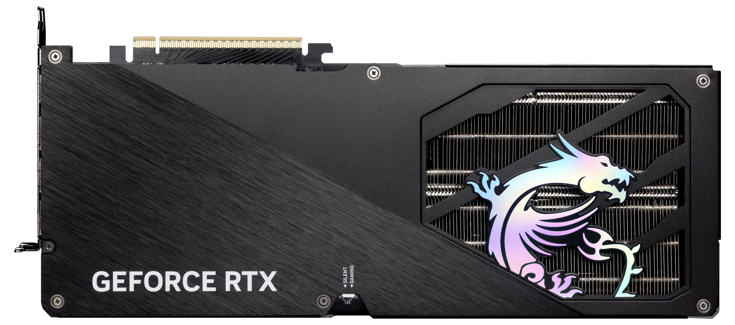 Grafická karta s nápisem 'GEFORCE RTX' a barevným motivem draka na chladicí ploše.