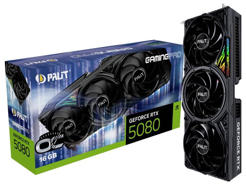 Grafická karta Palit GeForce RTX 5080 se třemi ventilátory a barevnými designovými prvky na kartě i jejím obalu.