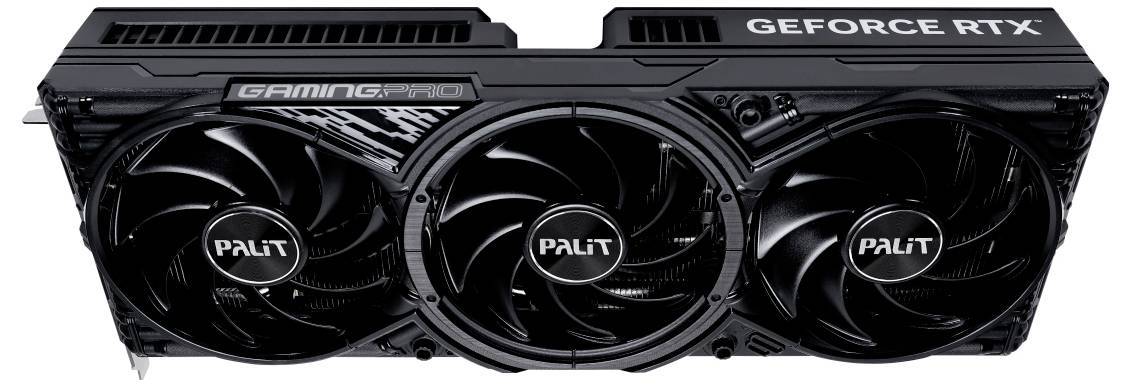 Grafická karta značky Palit se třemi ventilátory, model 'Geforce RTX'.