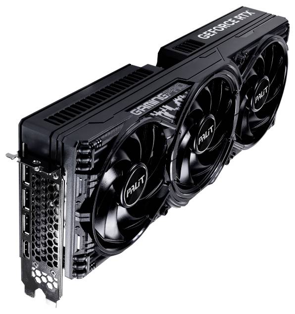 Černá grafická karta od společnosti Palit se třemi ventilátory, model 'GeForce RTX', vhodná pro herní počítače.