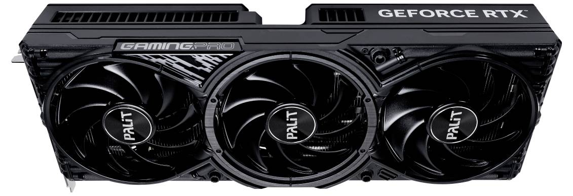 Černá grafická karta se třemi ventilátory značky Palit, model 'GEFORCE RTX GAMINGPRO'.