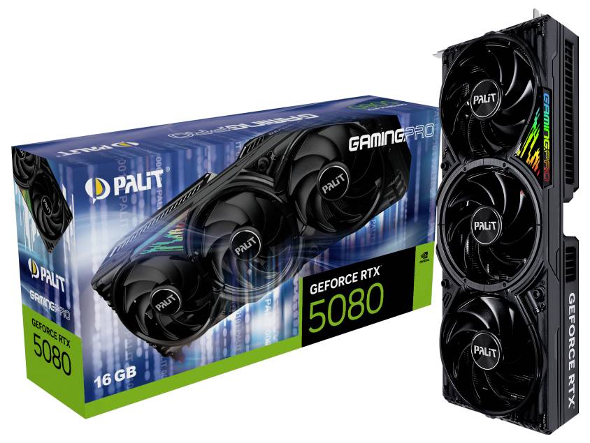 Grafická karta 'Palit GeForce RTX 5080 GamingPro' s obalem. Karta má tři ventilátory a vykazuje RGB podsvícení. Obal zobrazuje logo značky.