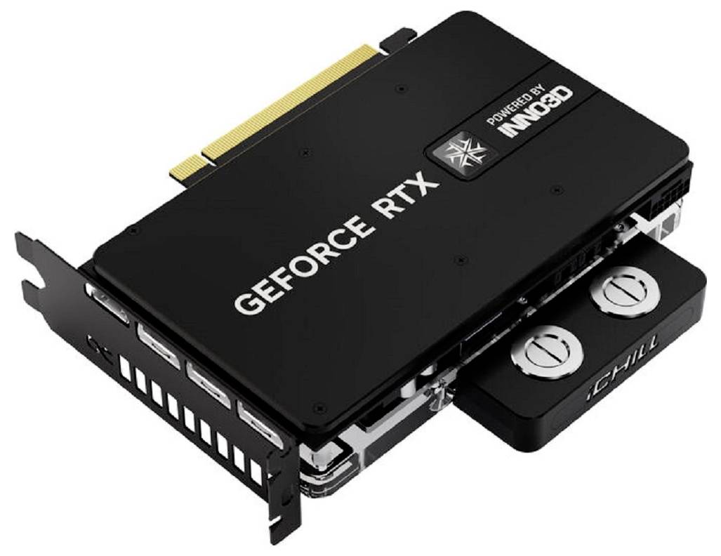 Grafická karta 'GeForce RTX' s logy iChill a Inno3D; zobrazuje konektory a design chladiče.