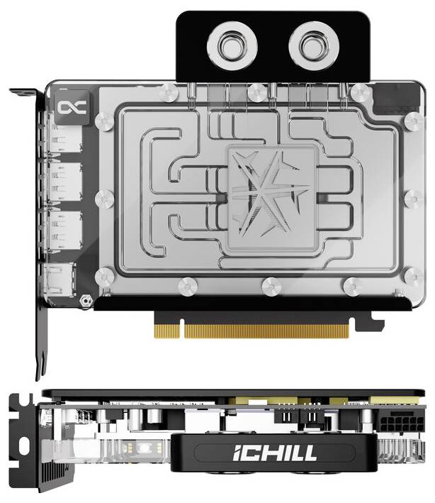 "Grafická karta v PCIe slotu, stříbrný chladič s průhledným krytem a černým okrajem, označený nápisem "iCHILL""