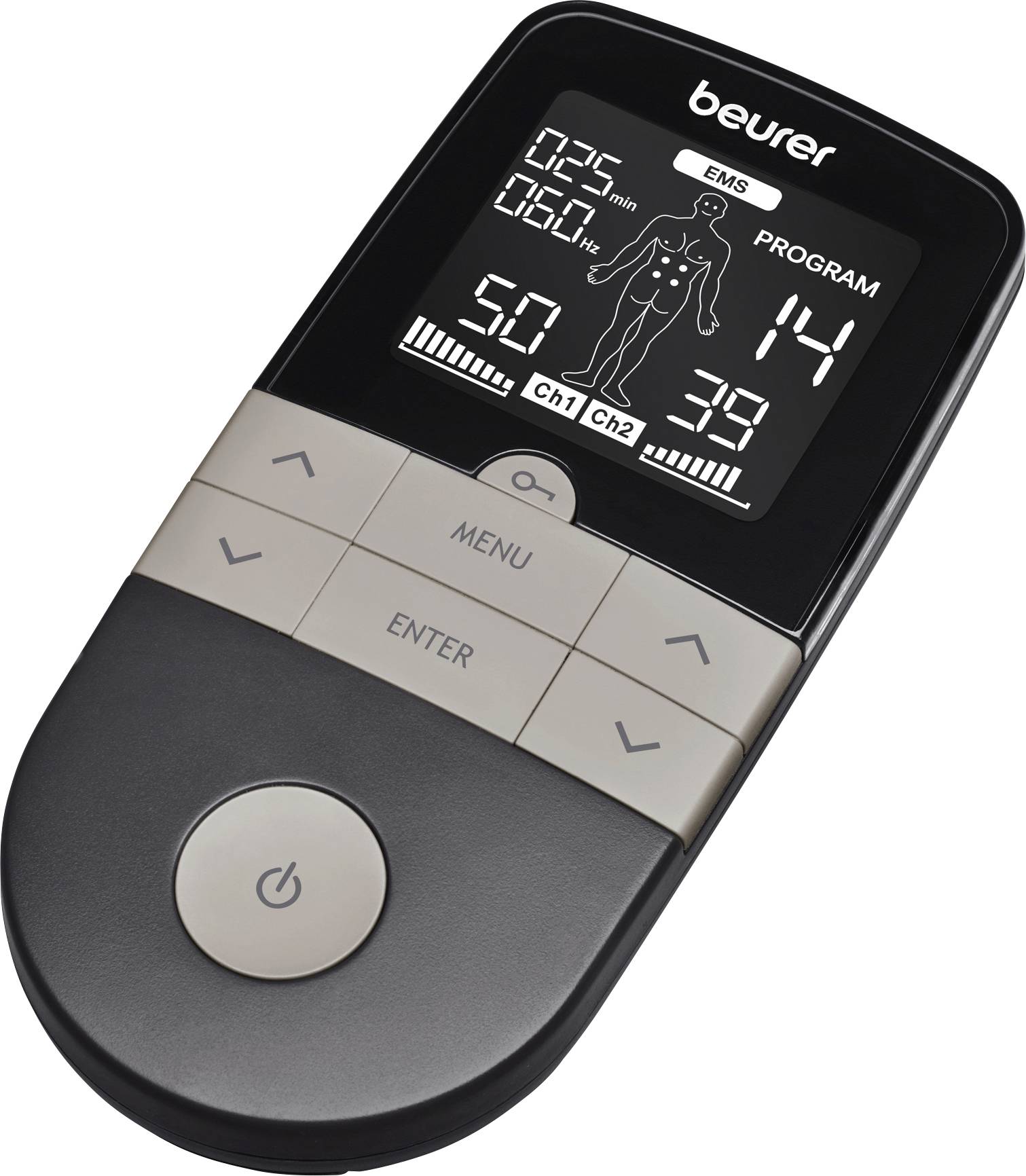Obrázek elektronického zařízení pro elektrostimulaci svalů s LCD displejem, zobrazující nastavení programu, času a intenzity, včetně piktogramu lidského těla.