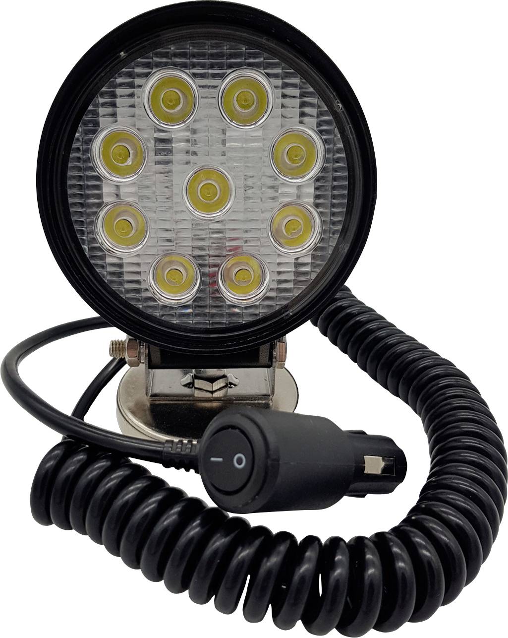 Kulatá LED lampa s devíti žlutými světly, umístěná na kovovém stojanu. Spirálovitý kabel vede k vypínači.
