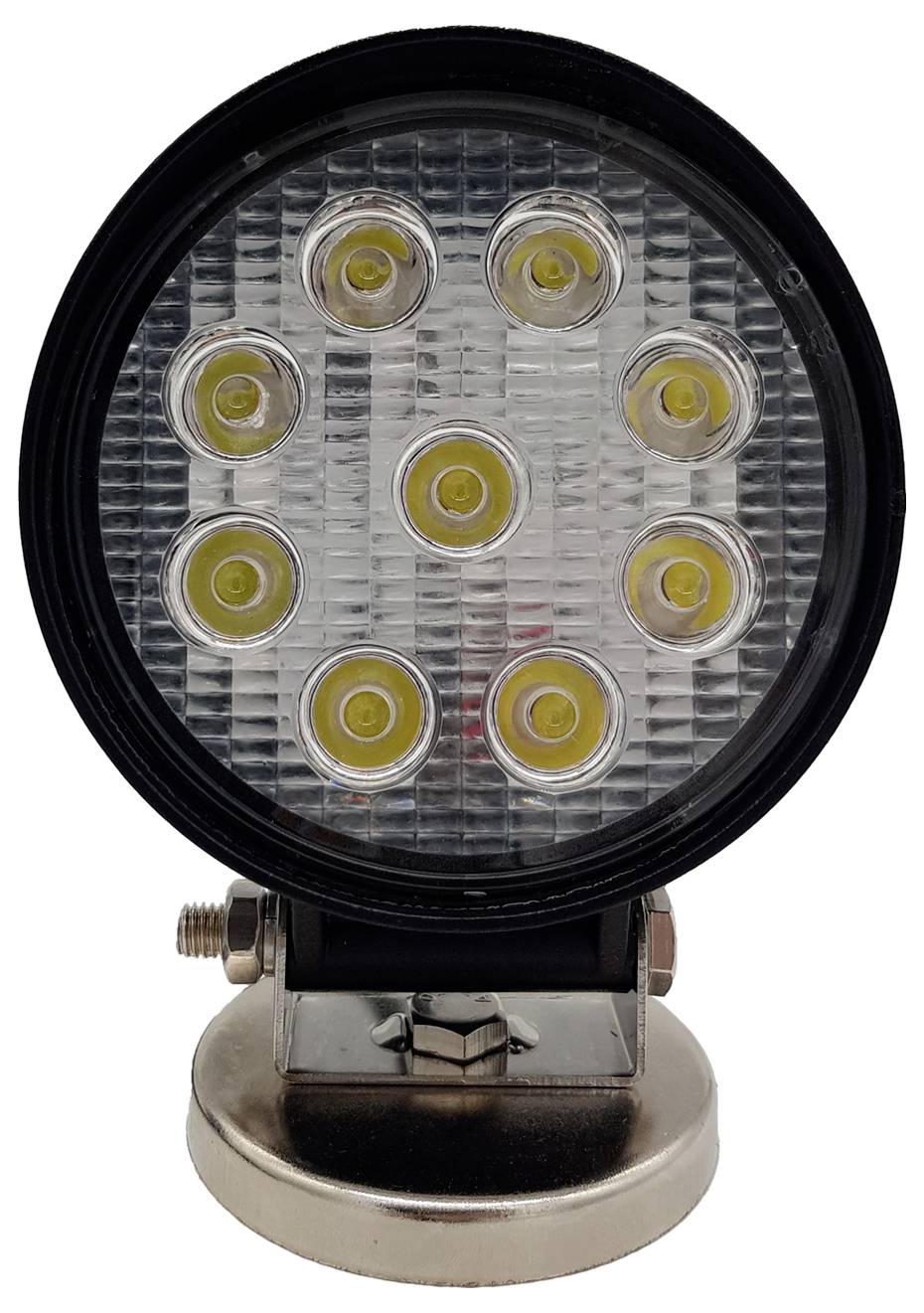 Kulatá LED lampa s devíti svítícími LED diodami, namontovaná na stabilní kovové základně.