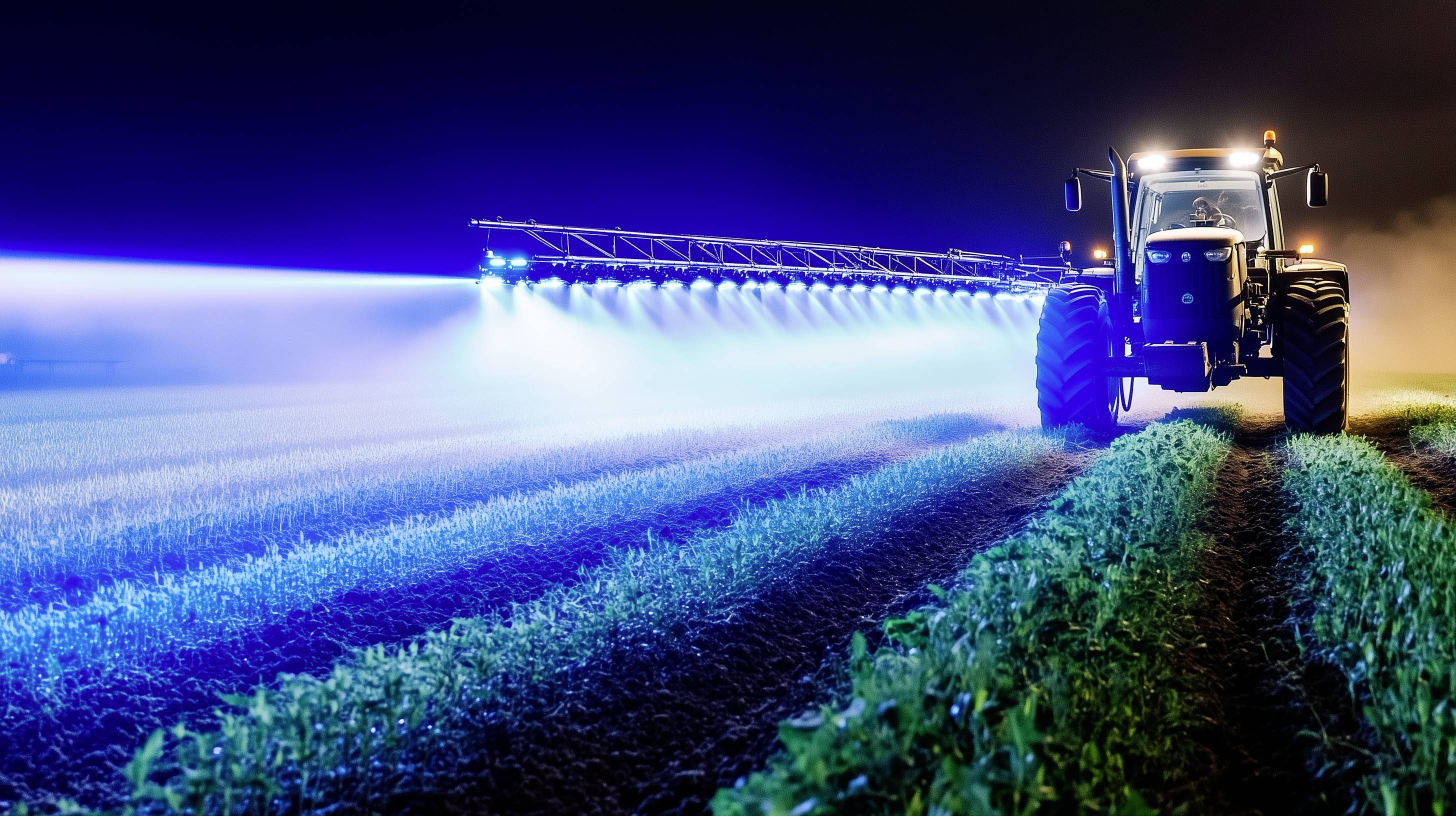 Traktor v noci postřikuje pole, které světélkuje modře. Silný světelný paprsek zvýrazňuje řady rostlin v zemědělské krajině.