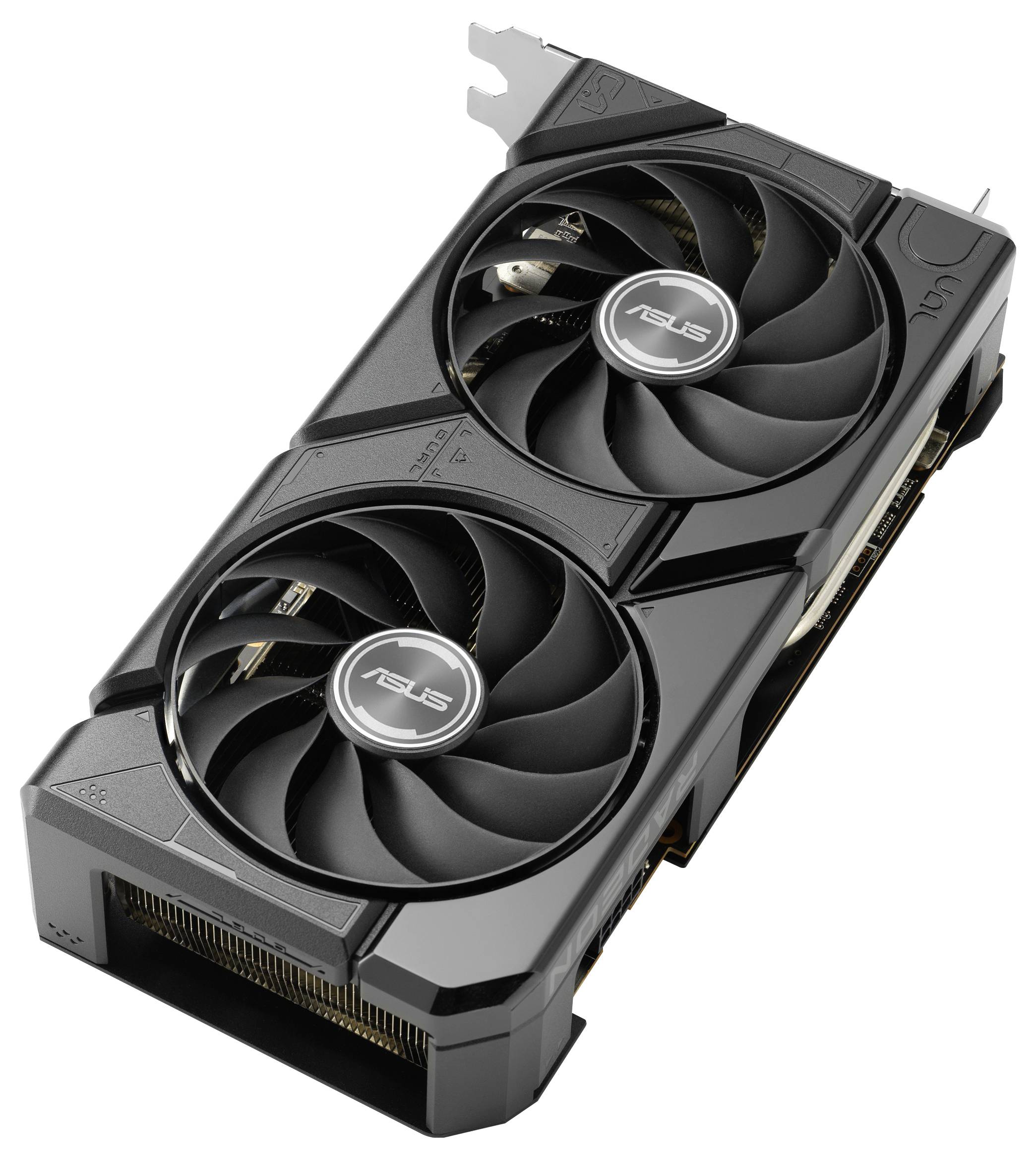 Černá grafická karta se dvěma velkými ventilátory, které nesou logo značky počítačového hardwaru.