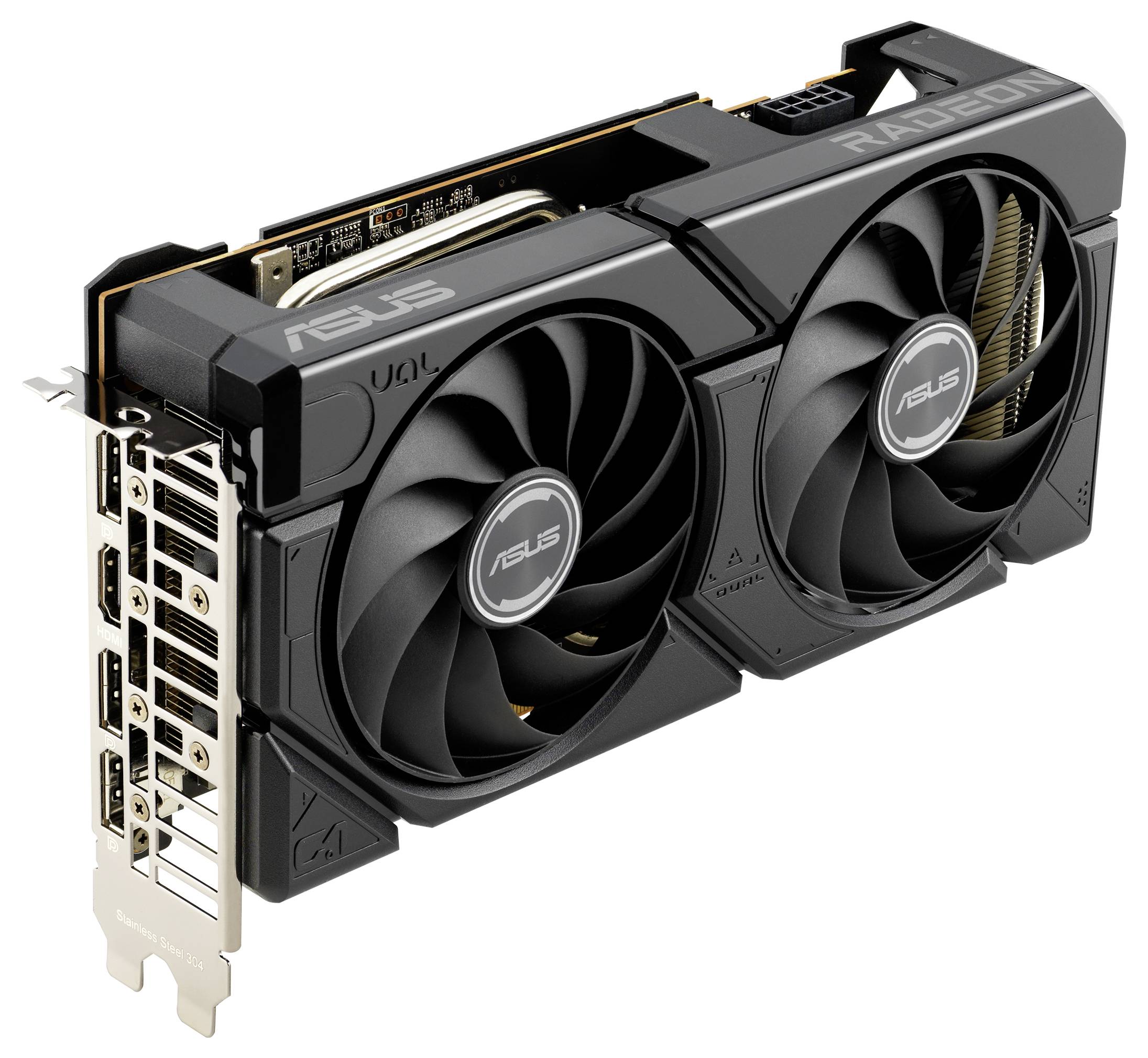 Grafická karta se dvěma ventilátory a několika připojovacími možnostmi, včetně HDMI a DisplayPortu. Označená logem 'Radeon' a 'ASUS'.