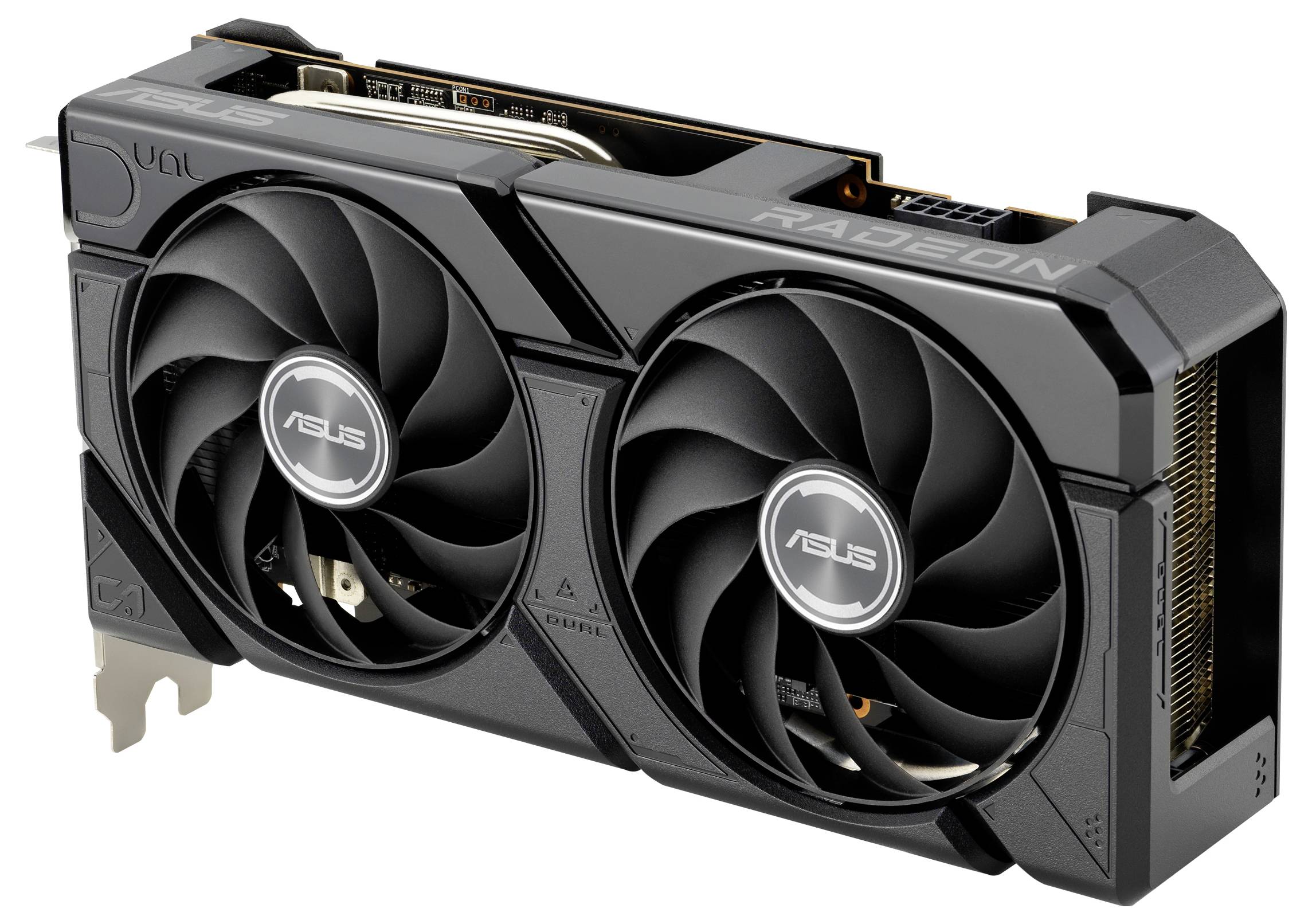 Grafická karta ASUS se dvěma velkými ventilátory, černým tělem a viditelnými chladicími žebry.