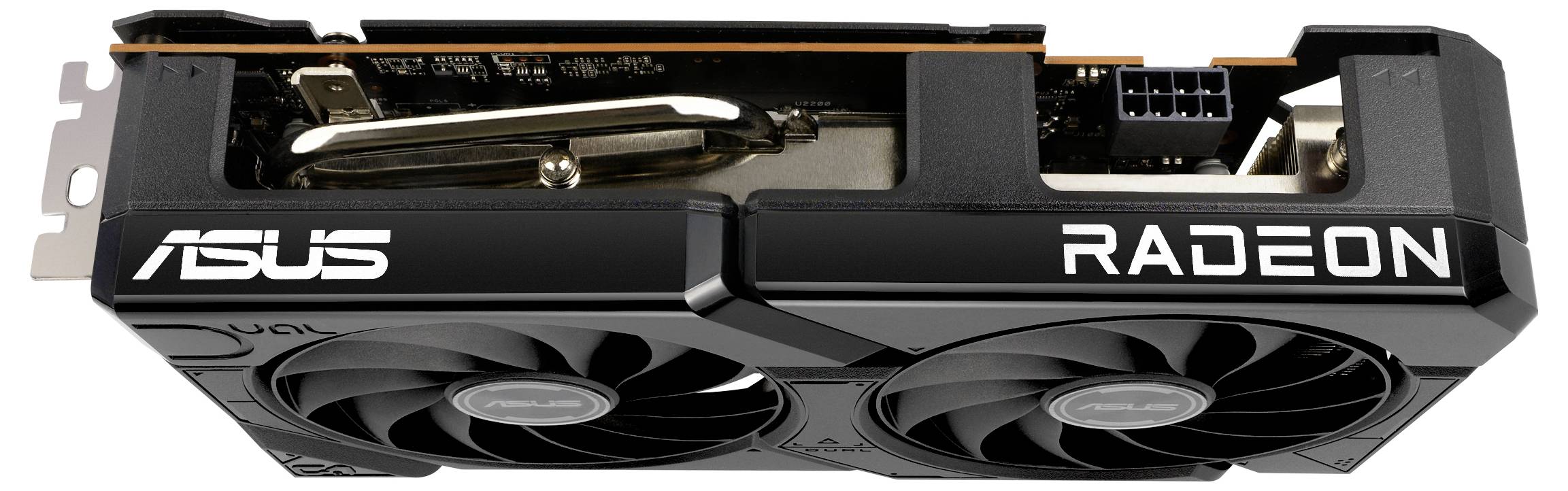 Grafická karta ASUS Radeon se dvěma ventilátory, s bočním konektorem pro napájecí kabel, vhodná pro výkonné počítačové aplikace.