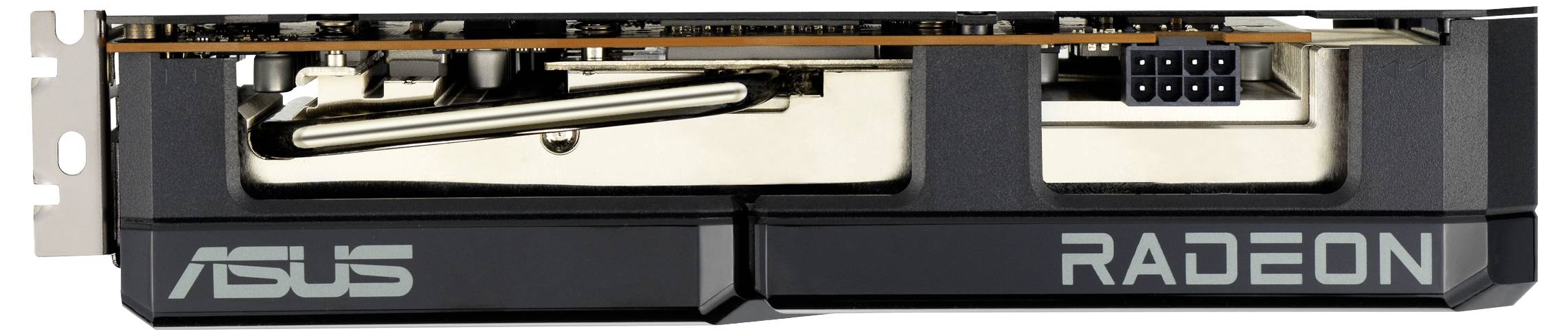Grafická karta od Asus s nápisem 'RADEON'. Zobrazuje boční pohled na chladicí žebra a napájecí konektor.