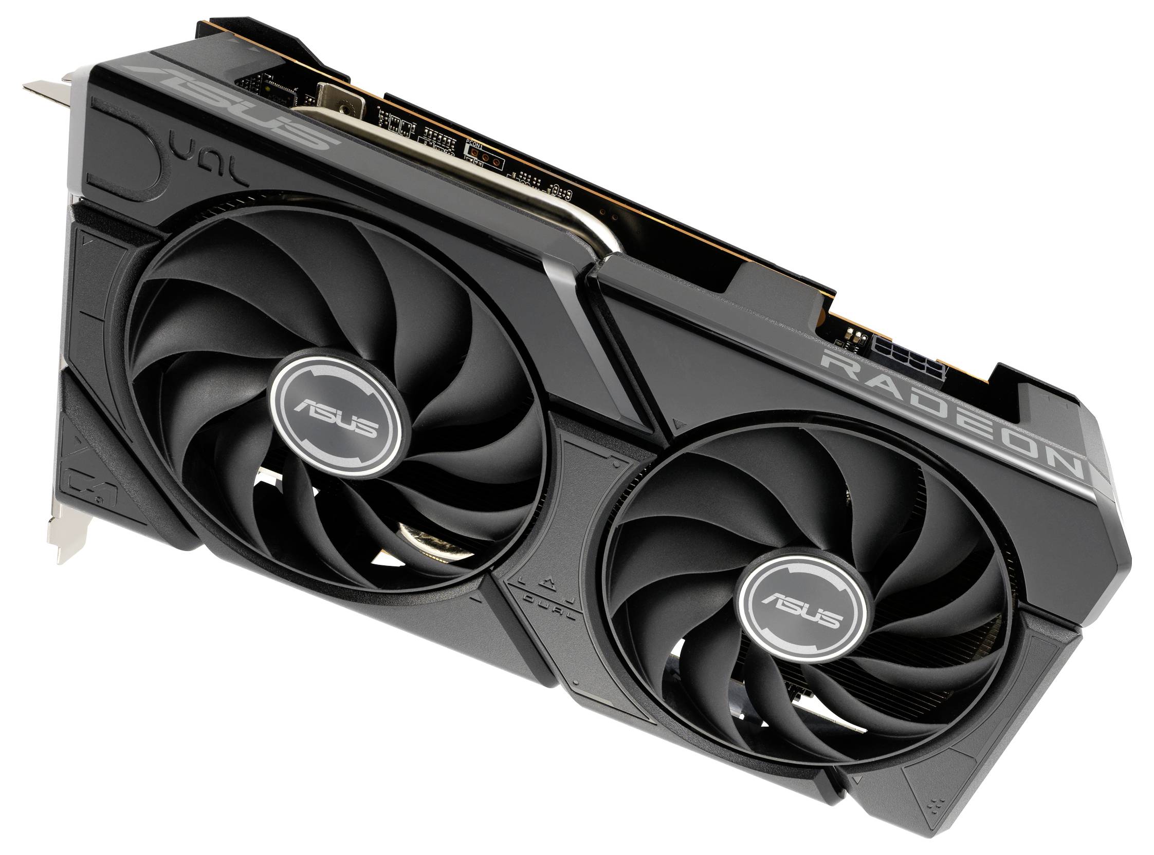 Černá grafická karta ASUS Radeon se dvěma velkými ventilátory a nápisem 'RADEON'.
