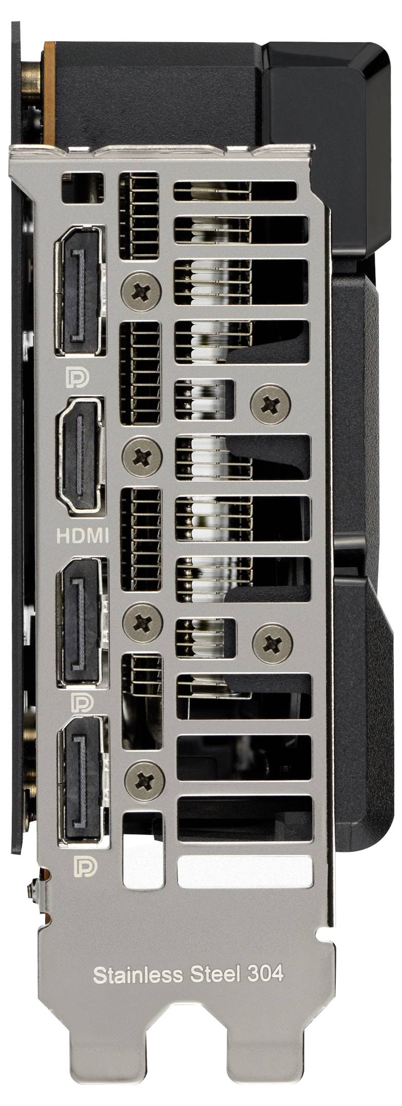 Zadní strana grafické karty s několika konektory: dva DisplayPorty, jeden HDMI konektor a další DisplayPort. Ocelová konzole.