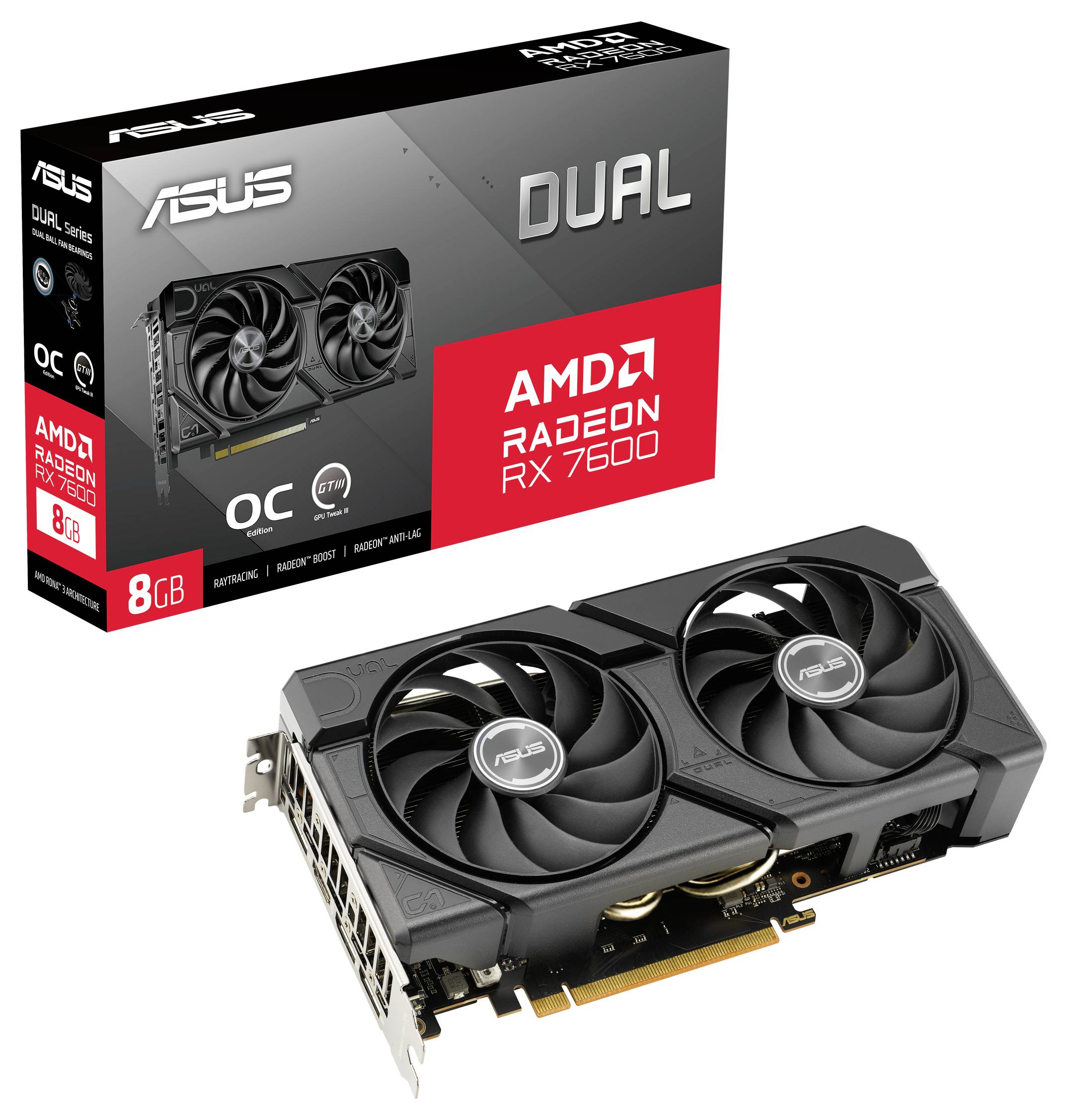 Grafická karta ASUS Dual AMD Radeon RX 7500 s 8GB pamětí. Zobrazeno balení a karta se dvěma ventilátory.