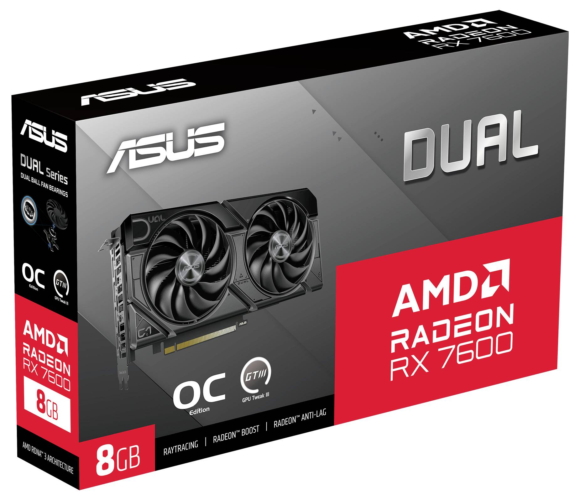 Obal grafické karty AMD Radeon RX 7600 s logem značky a nápisem '8 GB, OC Edition, Raytracing, Radeon Boost, Radeon Anti-Lag'.