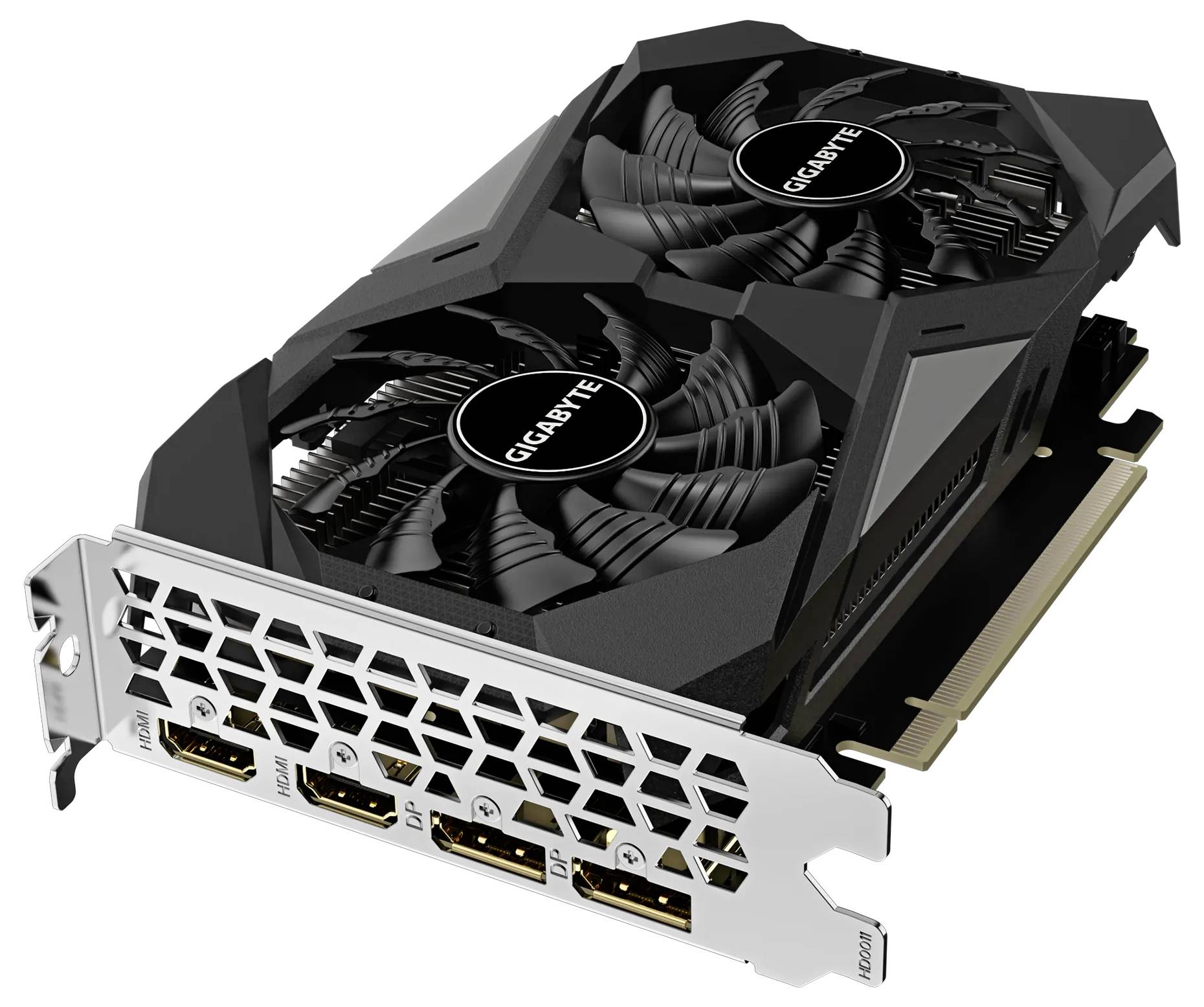 Černá grafická karta se dvěma ventilátory a čtyřmi porty, označená značkou 'GIGABYTE'.
