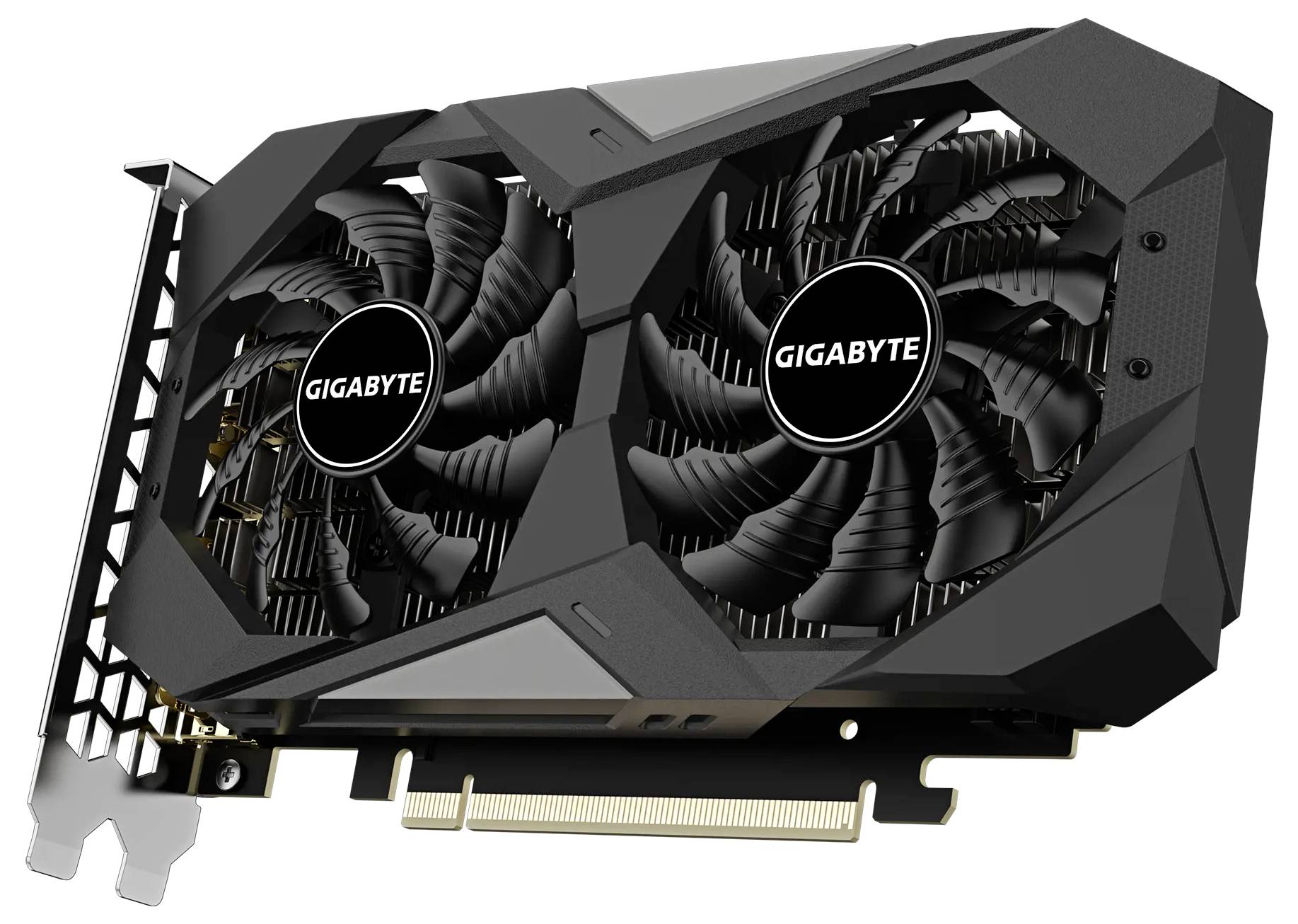 Grafická karta se dvěma ventilátory, černým tělem a zlatým konektorem. Na ventilátorech je nápis 'Gigabyte'.