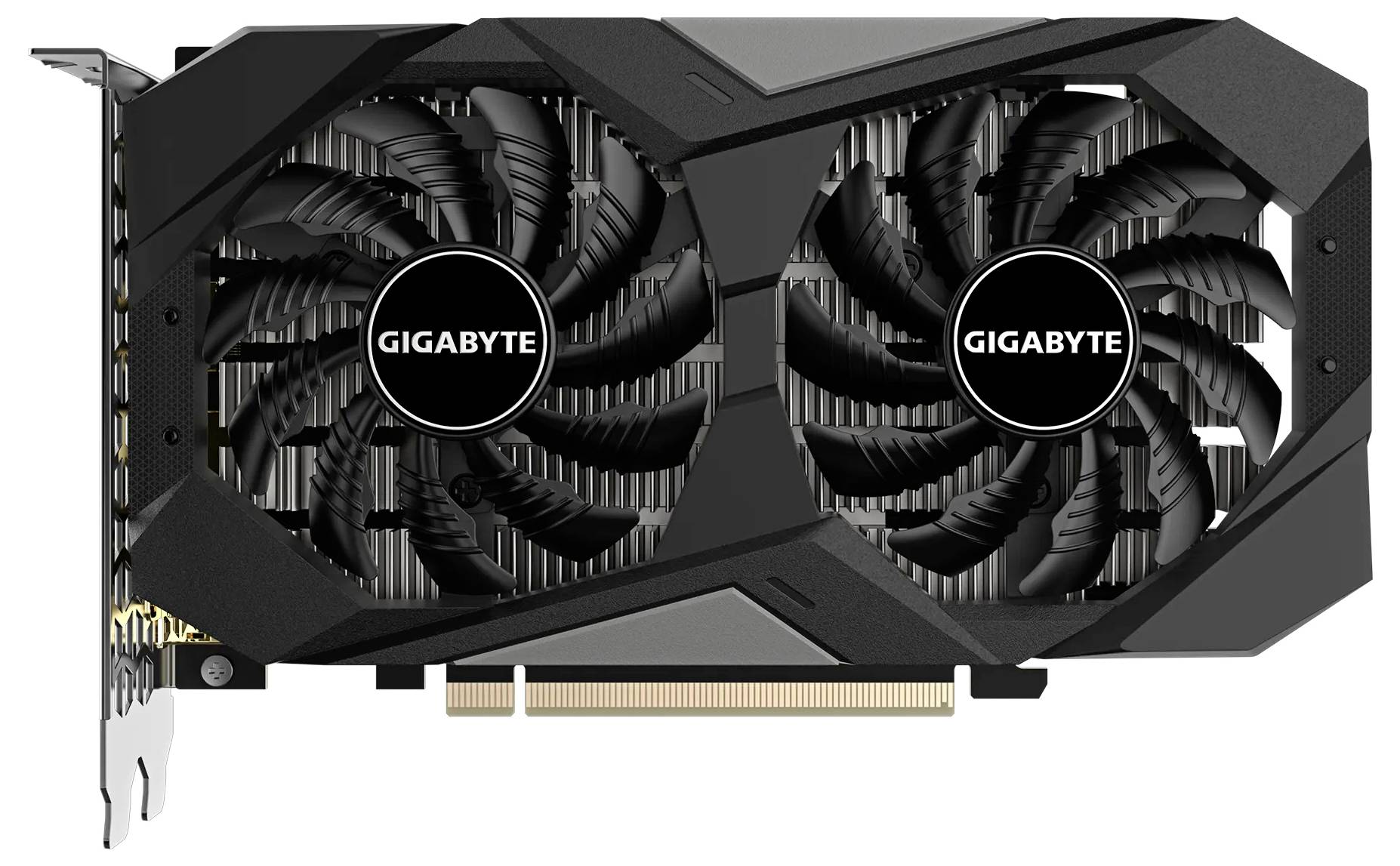 Černá grafická karta se dvěma velkými ventilátory a logem značky 'Gigabyte' uprostřed ventilátorů.