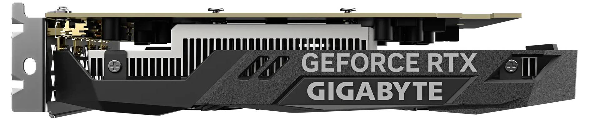 Grafická karta značky Gigabyte s nápisem 'GEFORCE RTX'. Pohled z boku s viditelnými konektory a chladicími žebry.