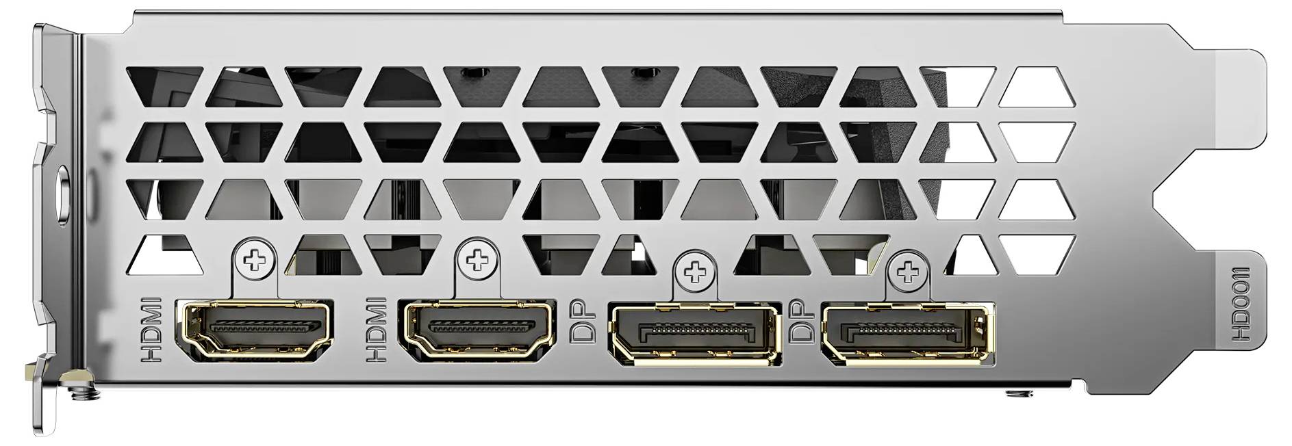 Zadní strana grafické karty se dvěma HDMI a dvěma DisplayPort konektory.