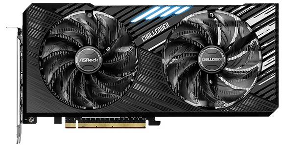 Černá grafická karta se dvěma ventilátory a nápisem 'Challenger'. Výrazné modré pruhy nad textem.