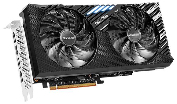 Černá grafická karta se dvěma velkými ventilátory a nápisem "Challenger". Na straně má několik konektorů.
