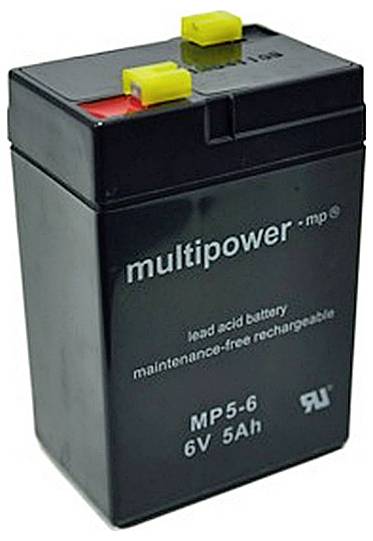 Černý, obdélníkový olověný akumulátor s žlutou a červenou svorkou, označený štítkem 'multipower mp', 6V 5Ah.