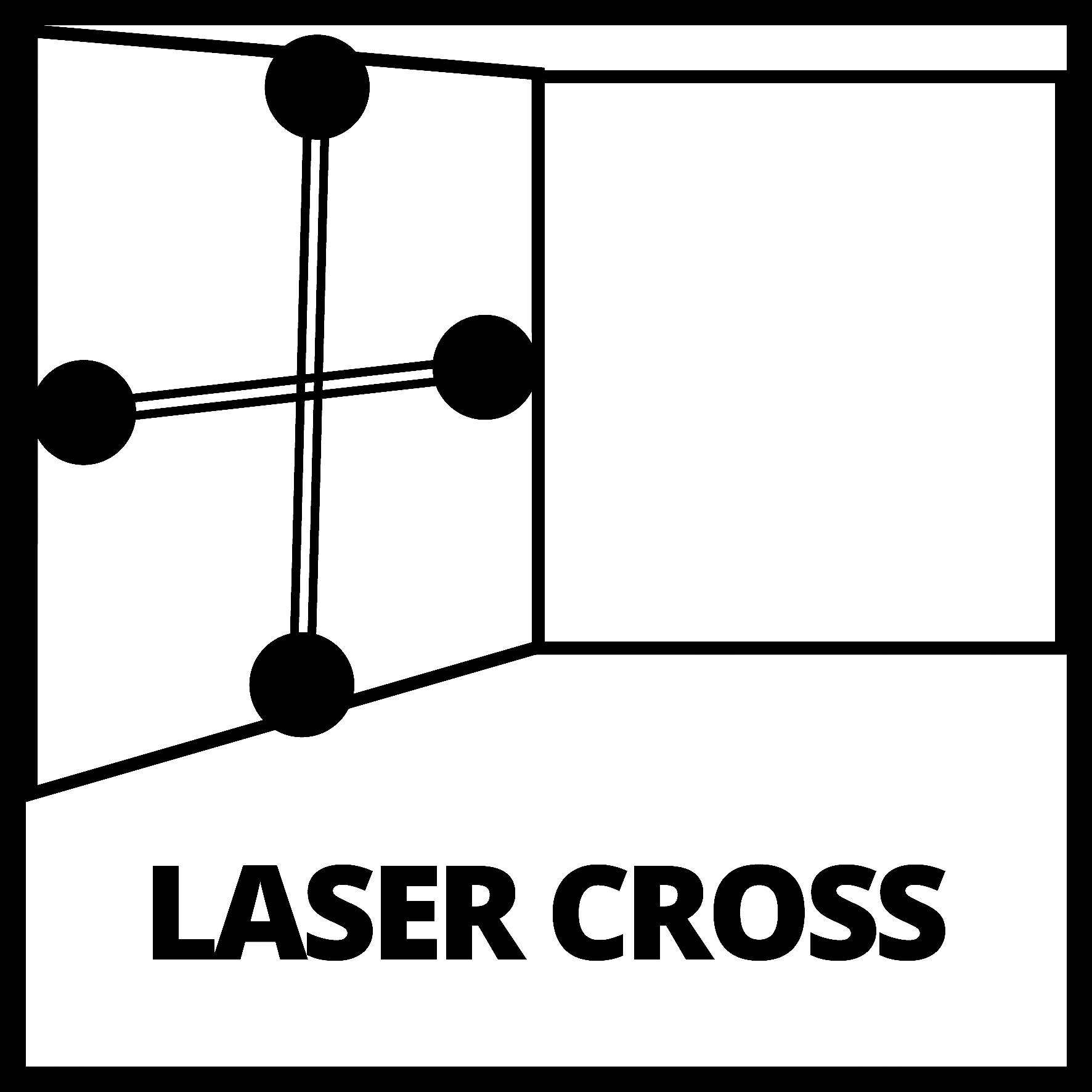 Symbol se čtyřmi kruhy tvořícími kříž, nad ním text 'LASER CROSS'.