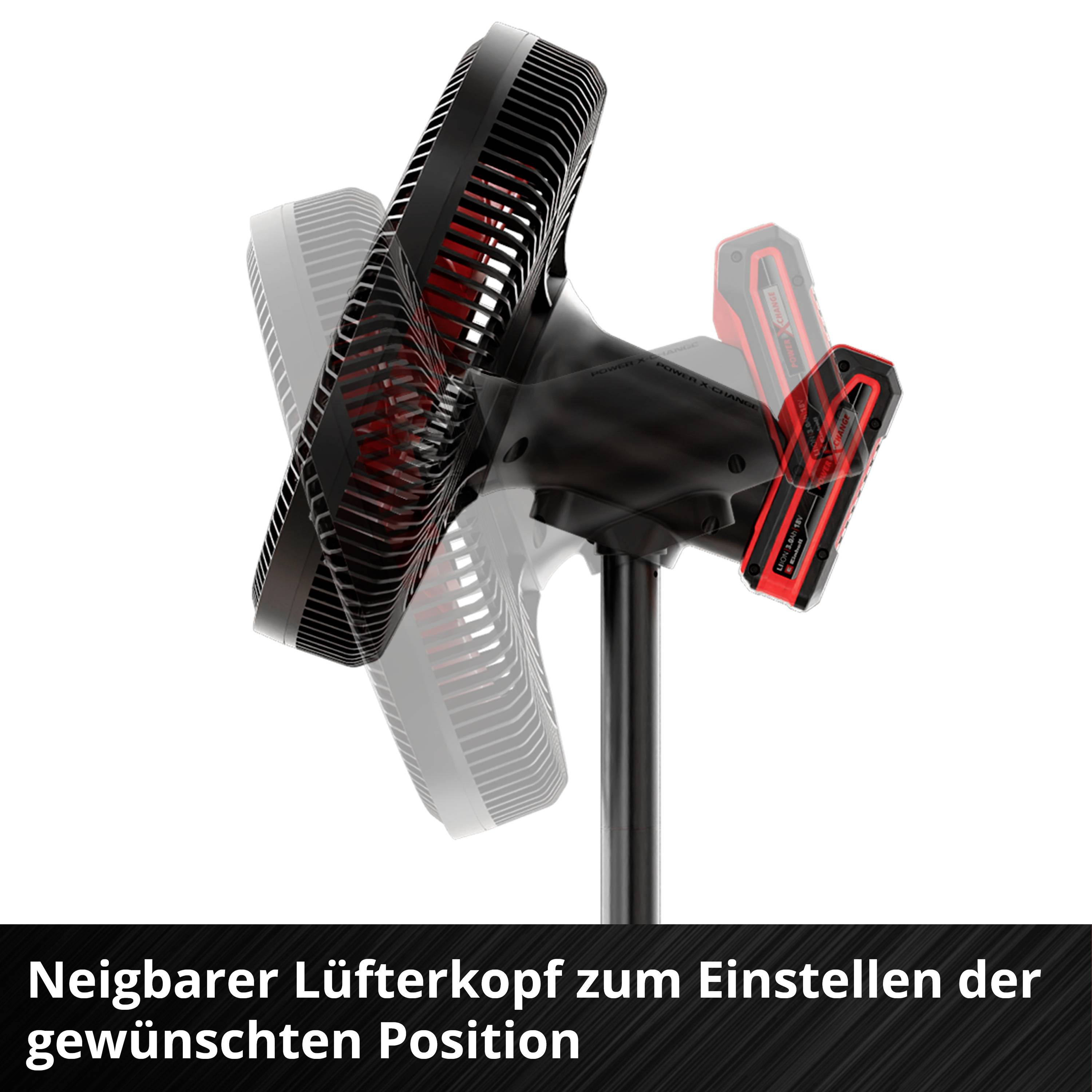 Černý-červený ventilátor s naklápěcí hlavou pro flexibilní nasměrování. Text: Naklápěcí hlava ventilátoru pro nastavení požadované polohy.