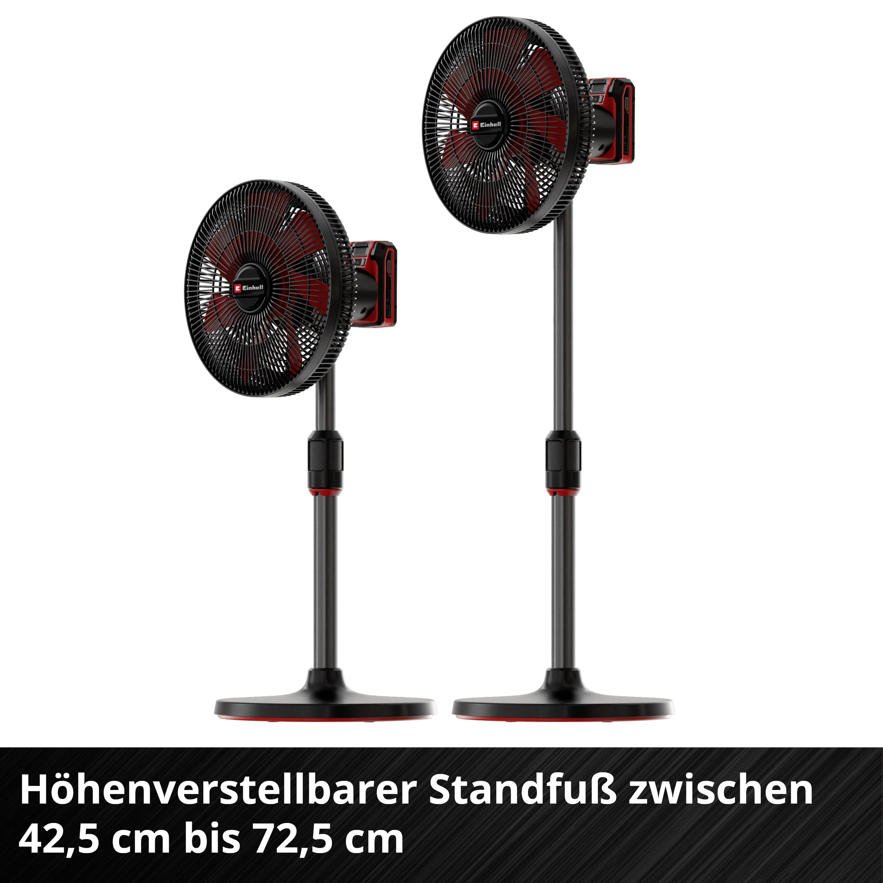 Výškově nastavitelný stojanový ventilátor, s rozsahem výšky od 42,5 cm do 72,5 cm. Černočervené barvy, nabízí dvě výškové úrovně.