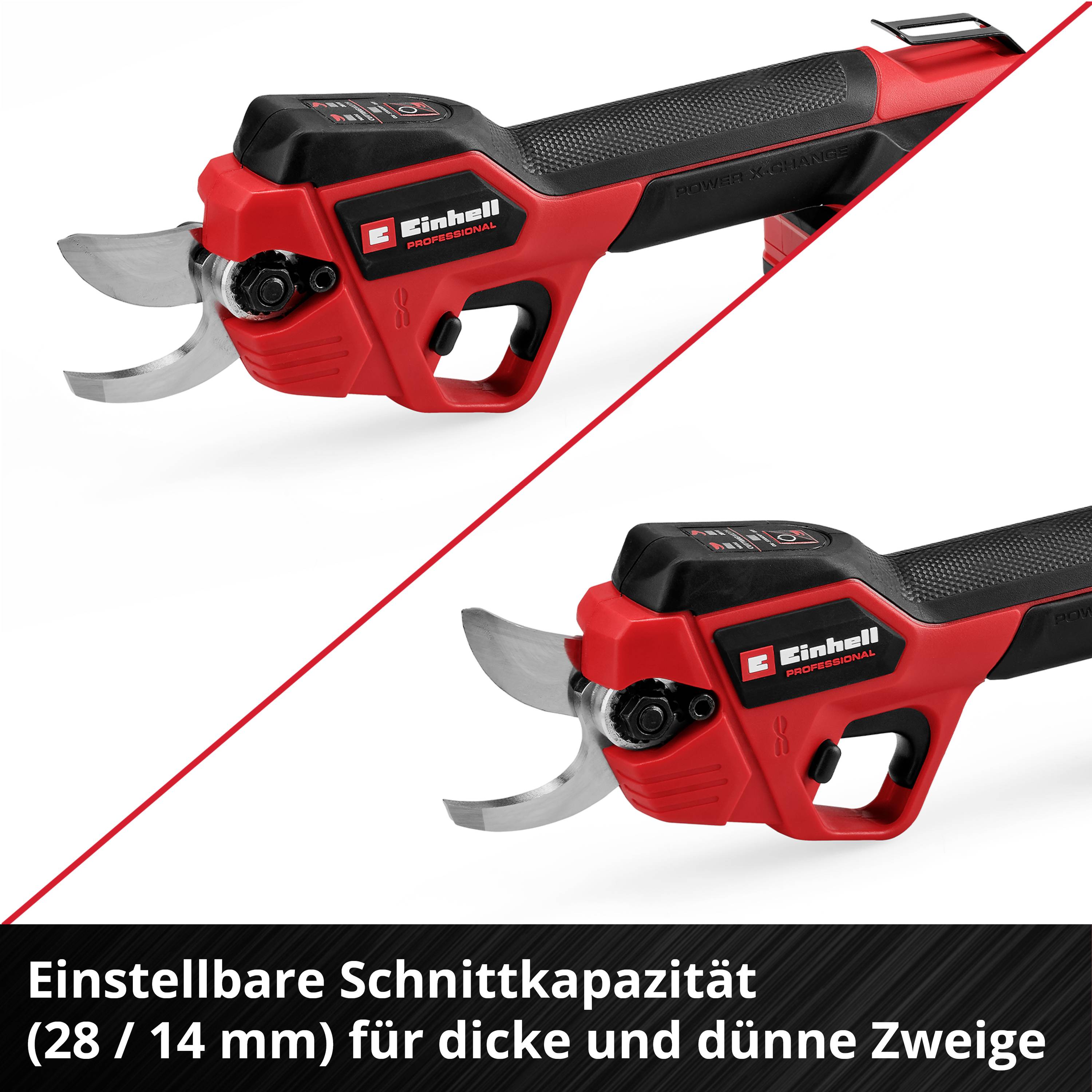 Elektrické nůžky na větve značky Einhell s nastavitelnou řeznou kapacitou (28/14 mm) pro silné i tenké větve.