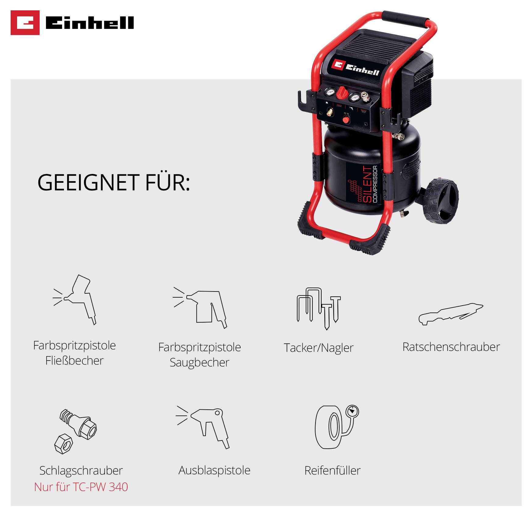Kompresor Einhell pro pistole na distribuci barev, nýtovací a hřebíkovací nářadí, ráčnové šroubováky, rázové utahovače, pistoli na foukání a plnič pneumatik; Poznámka: 'Pouze pro TC-PW 340'