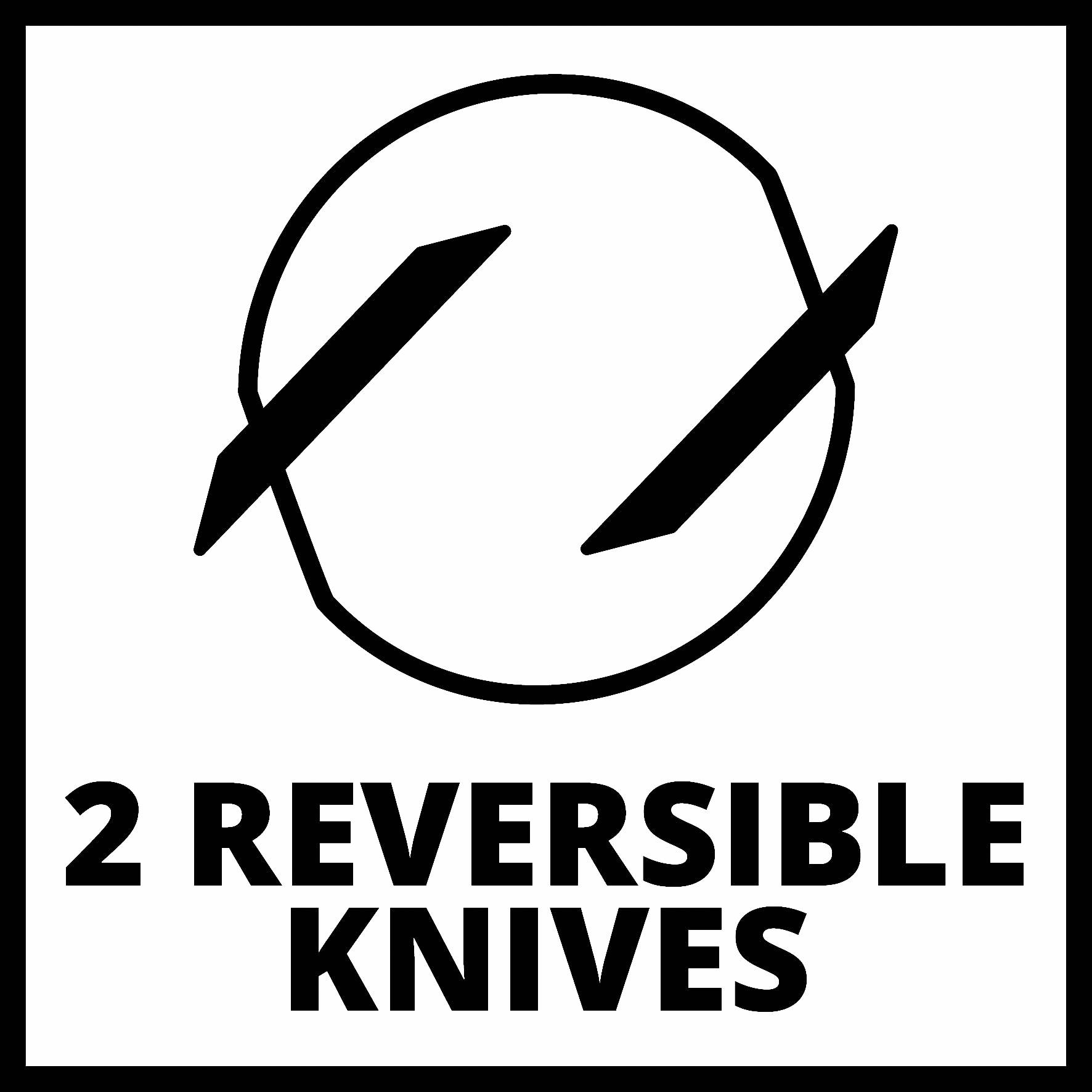 Schematické znázornění dvou reverzibilních nožů v kruhu. Text pod ním: '2 reverzibilní nože'