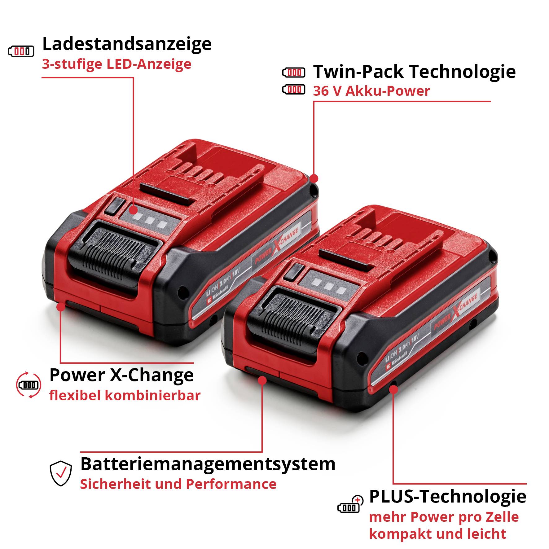 Dva červeno-černé akumulátory s označeními: indikátor nabití, technologie Twin-Pack, Power X-Change, systém řízení baterie, technologie PLUS.