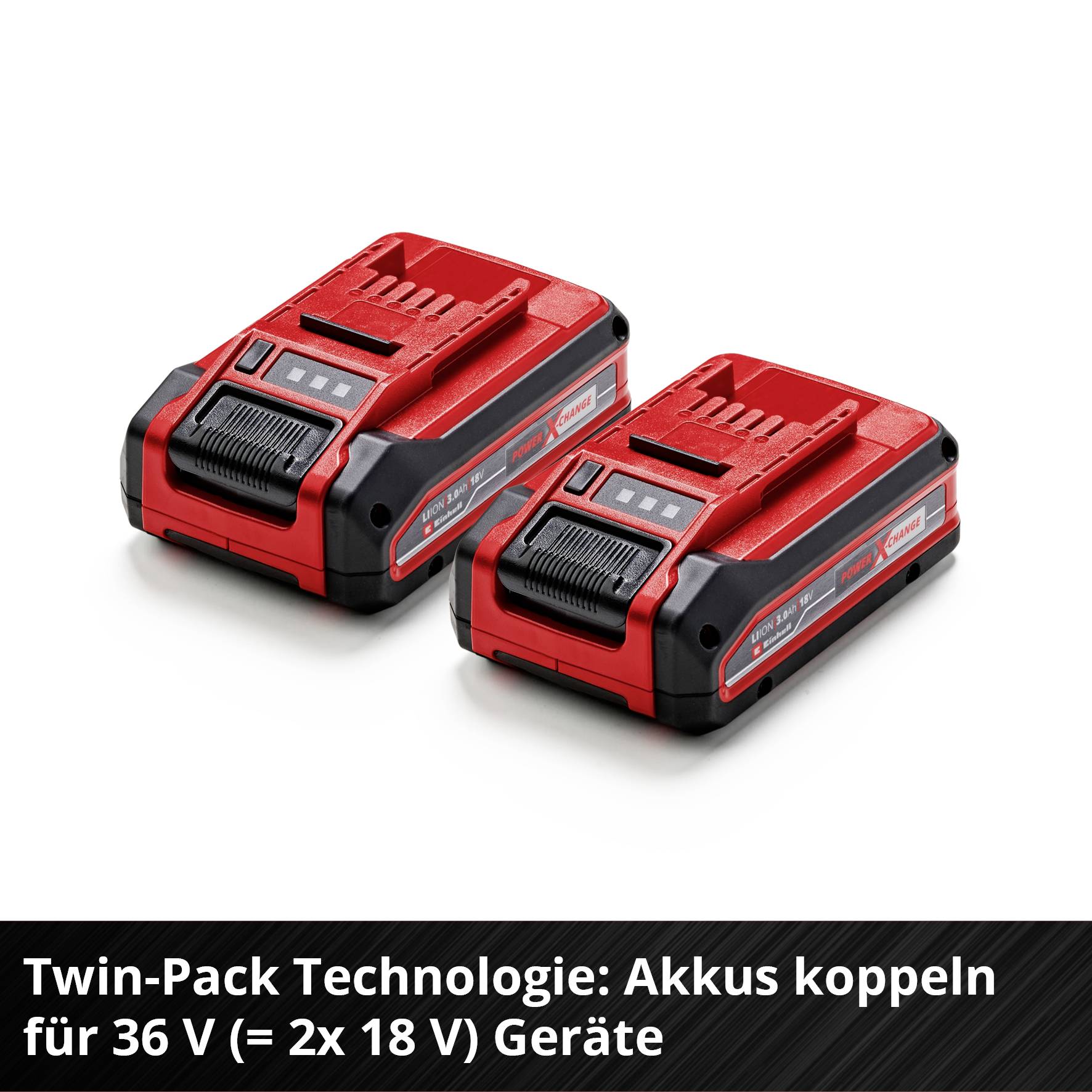 Dva červené akumulátory s nápisem 'Technologie Twin-Pack: Propojení akumulátorů pro 36V (= 2x 18V) zařízení', na černém pozadí.