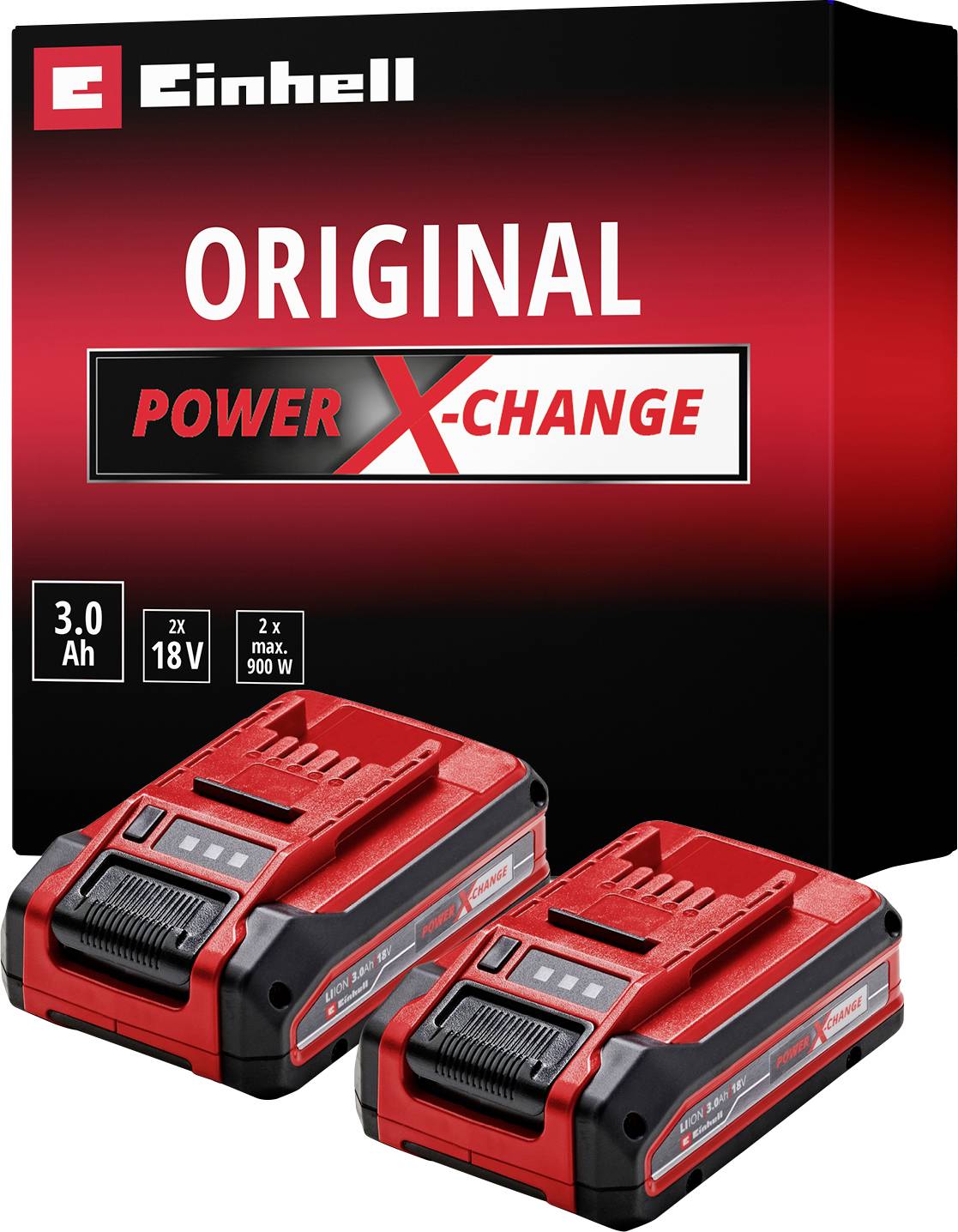 Čtyři červené akumulátory Einhell Power X-Change s napětím 18V a kapacitou 4,0Ah, každý s černým pouzdrem a popisem, na bílém pozadí.