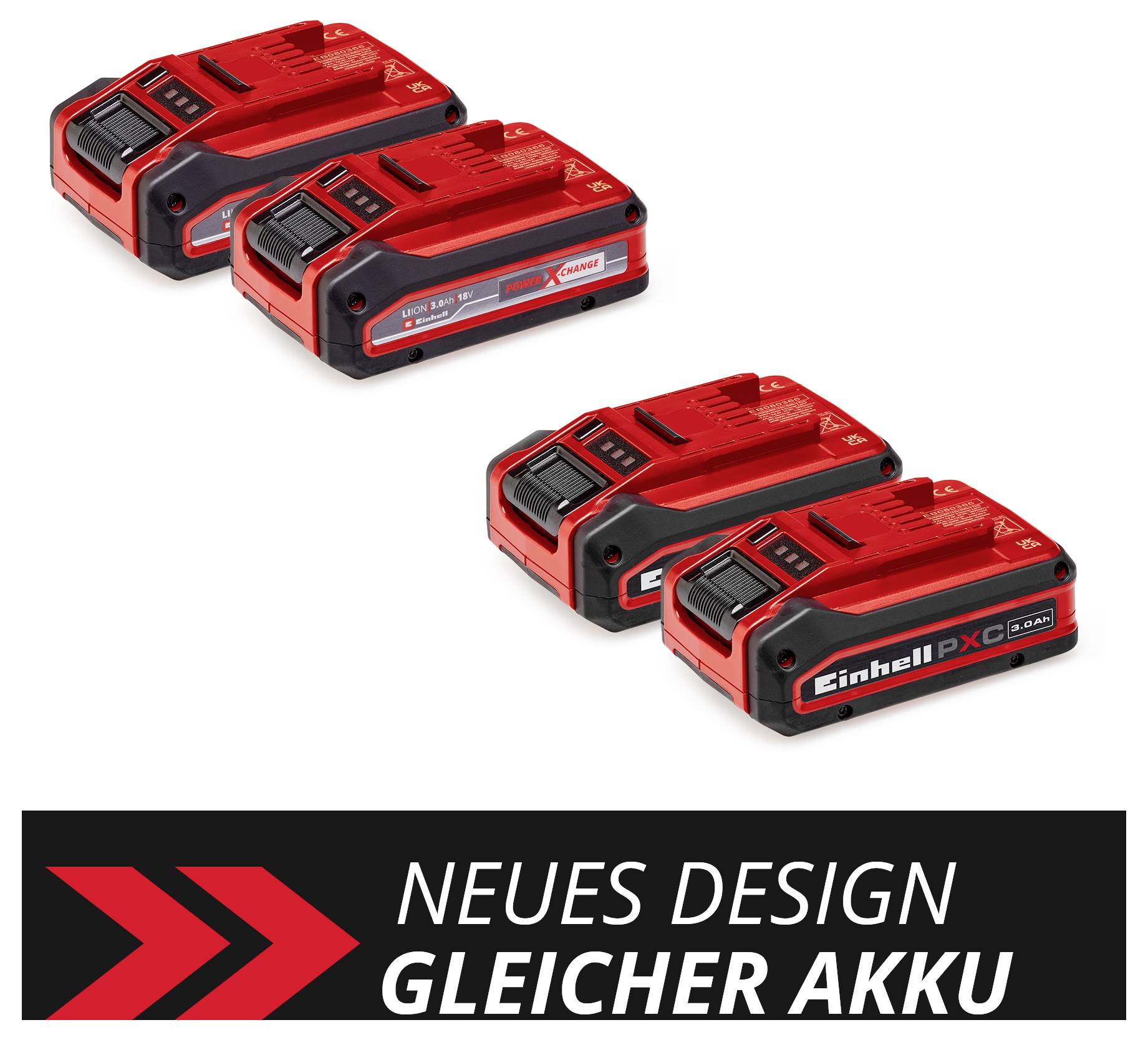'Dvě červené baterie s nápisem "Einhell PXC". Text pod nimi: "Nový design, stejná baterie".'